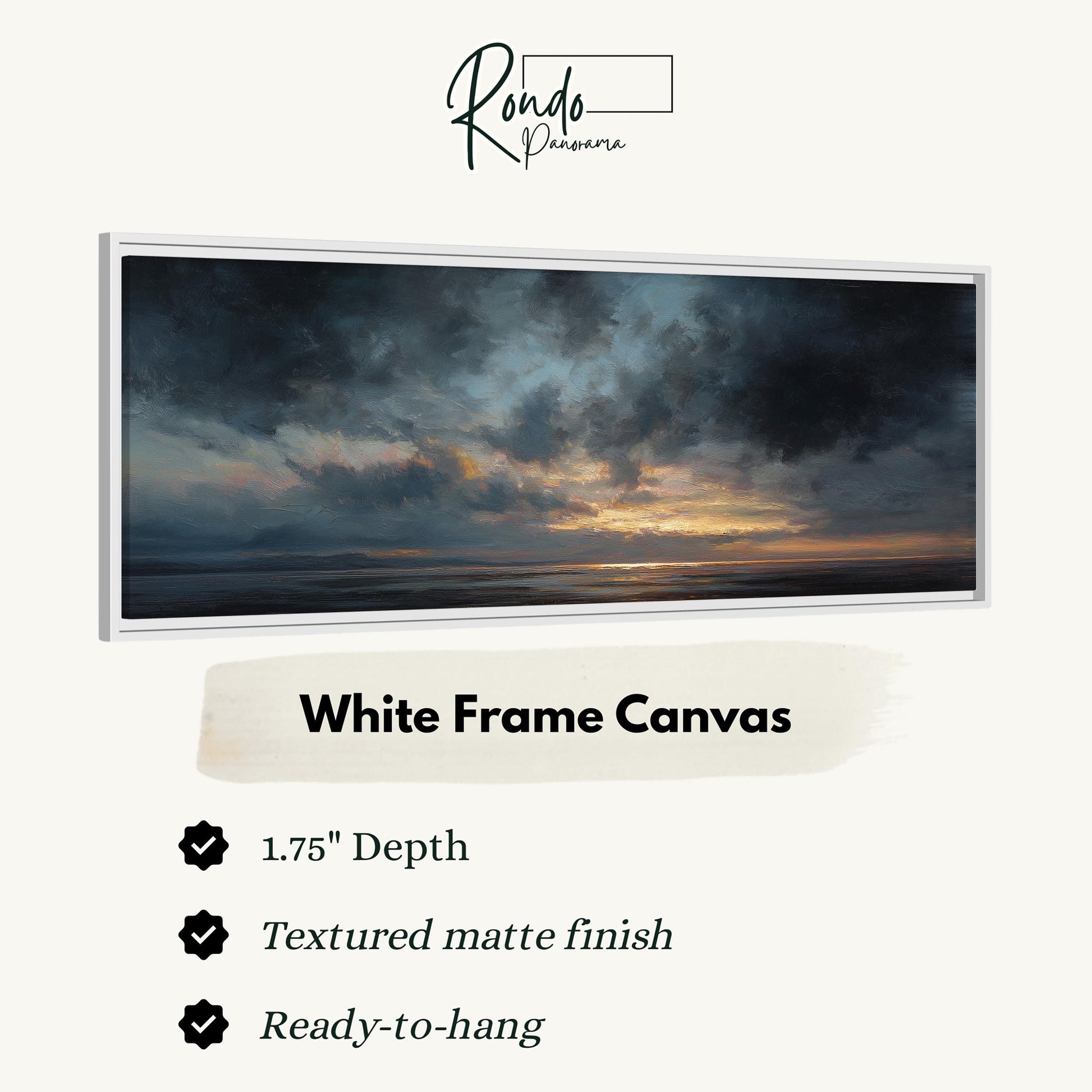 The image is a white frame canvas depicting a serene landscape with a sunset over the ocean.