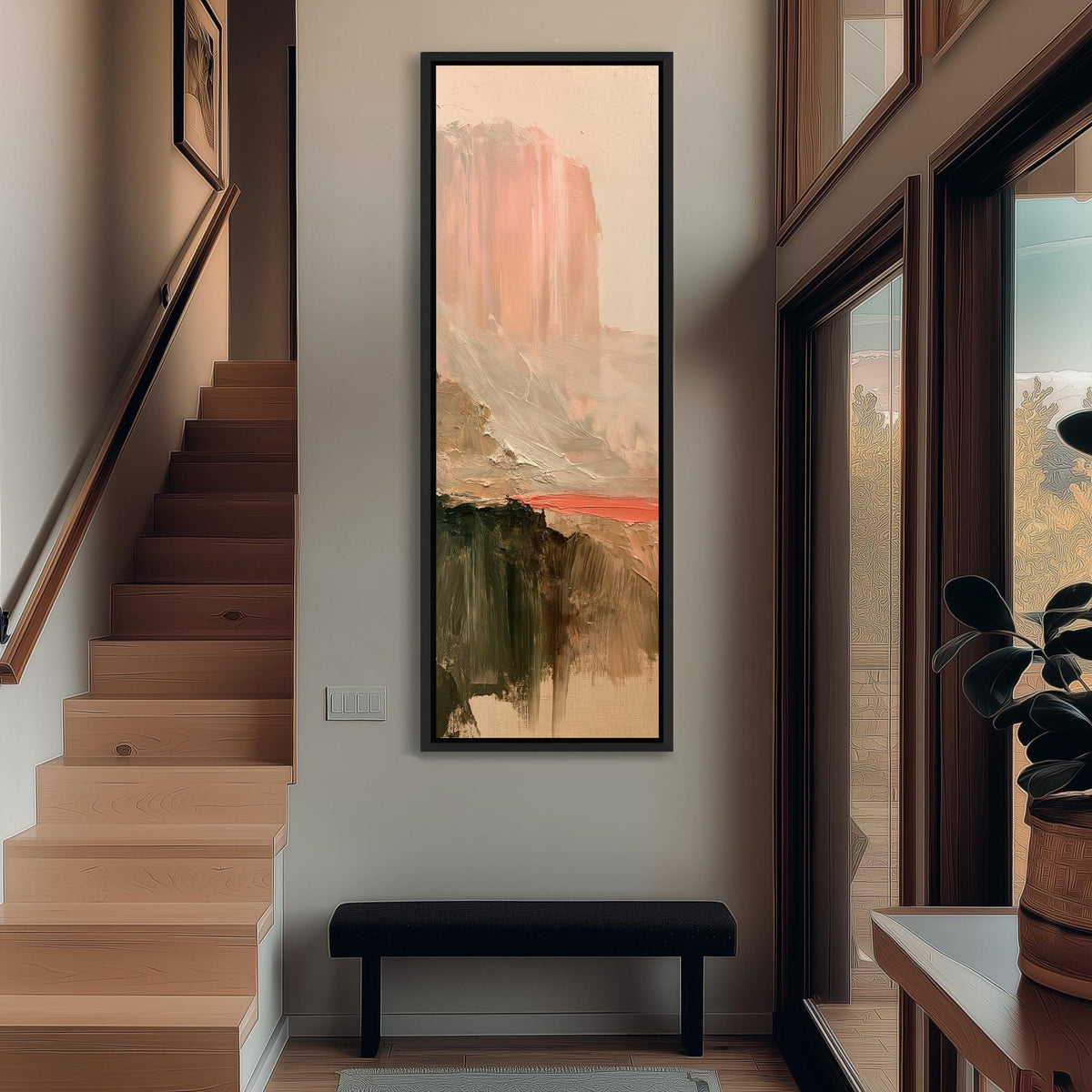 Abstract desert mesa and red river tall narrow canvas print beside a staircase in an entryway