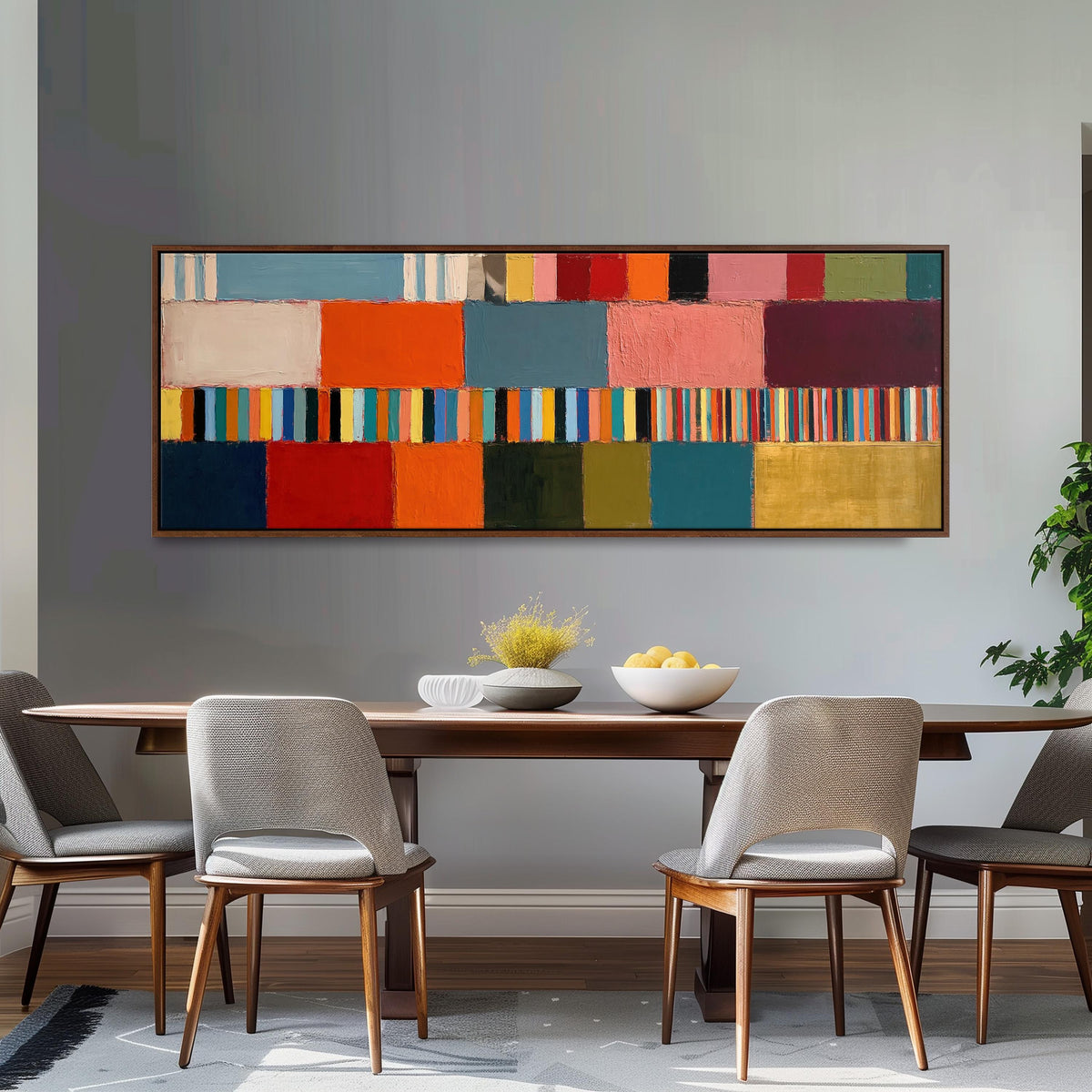 Rainbow patchwork color bands long horizontal canvas print above a dining table