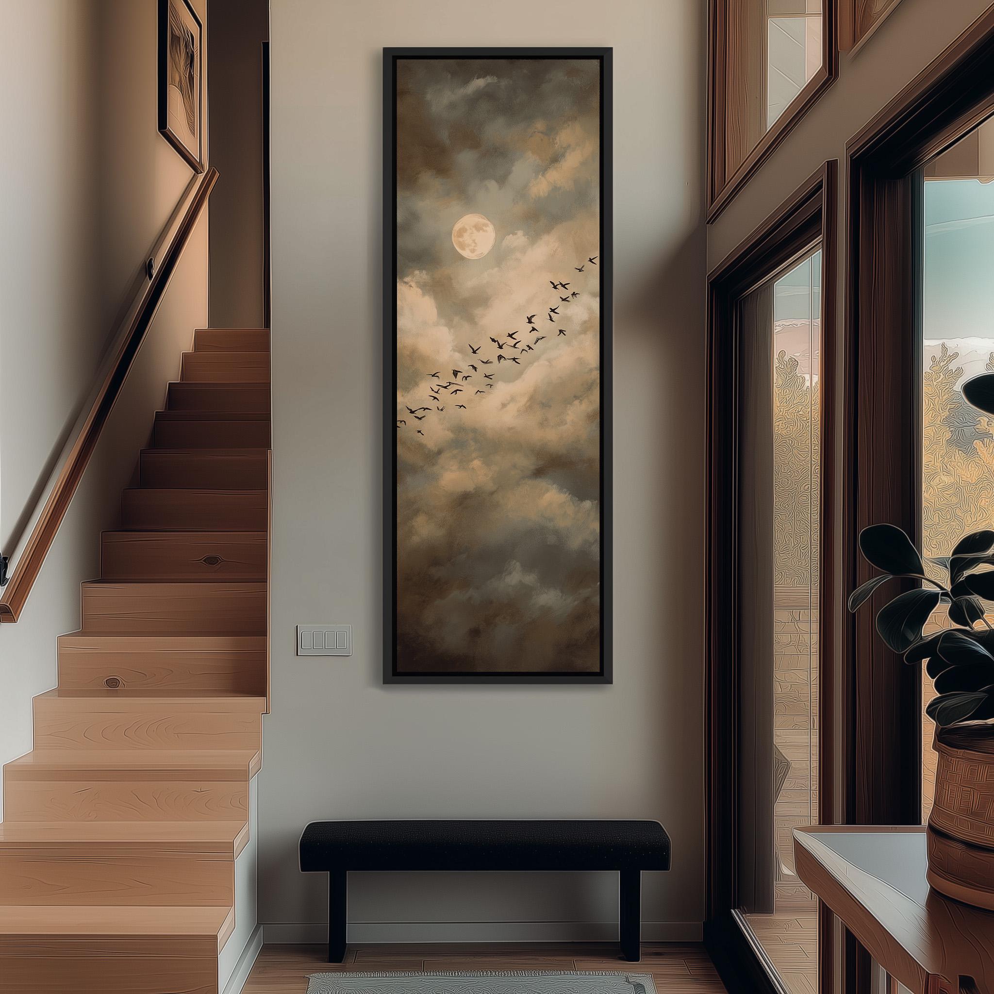 a serene indoor setting with a large painting of a flock of birds flying against a cloudy sky hanging on the wall. The painting is framed and appears to be the focal point of the room.