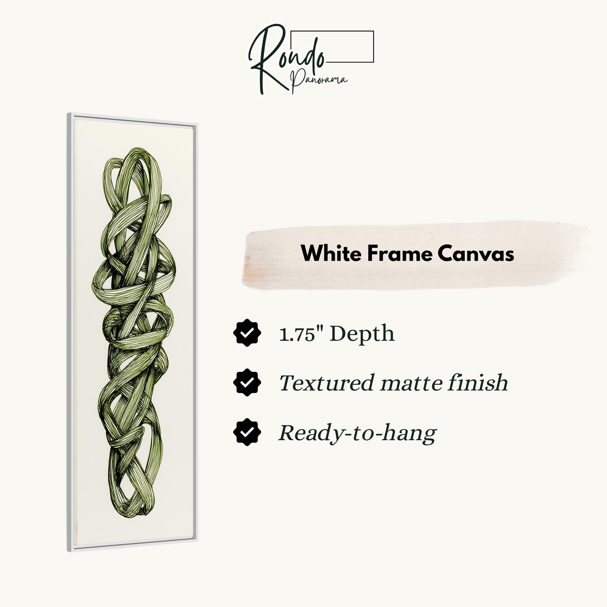 a white frame canvas with a detailed illustration of a green plant or vine. The canvas has a 1.75" depth, a textured matte finish, and is ready-to-hang.