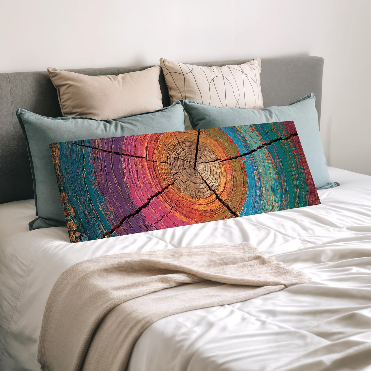 Rainbow tree ring wide panoramic canvas print laid on a bed to show its size