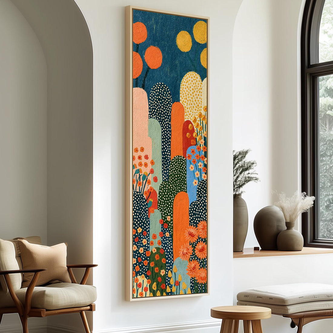 Folk art arches and flowers long vertical canvas print in a sunlit living space