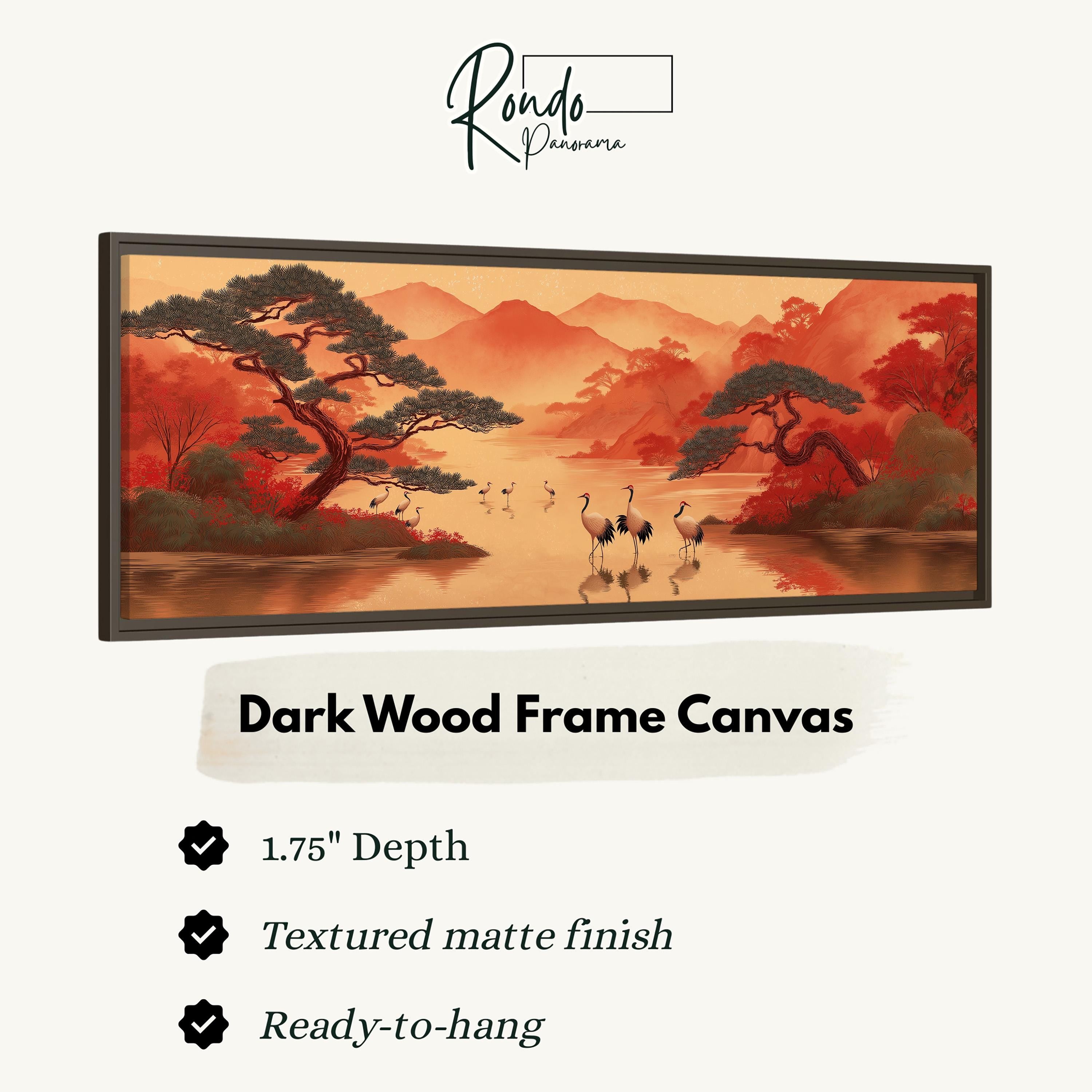 The image is a framed artwork depicting a serene landscape with a lake, mountains, and trees. The artwork is described as a "Dark Wood Frame Canvas" with a 1.75" depth, a "Textured matte finish", and "Ready-to-hang".