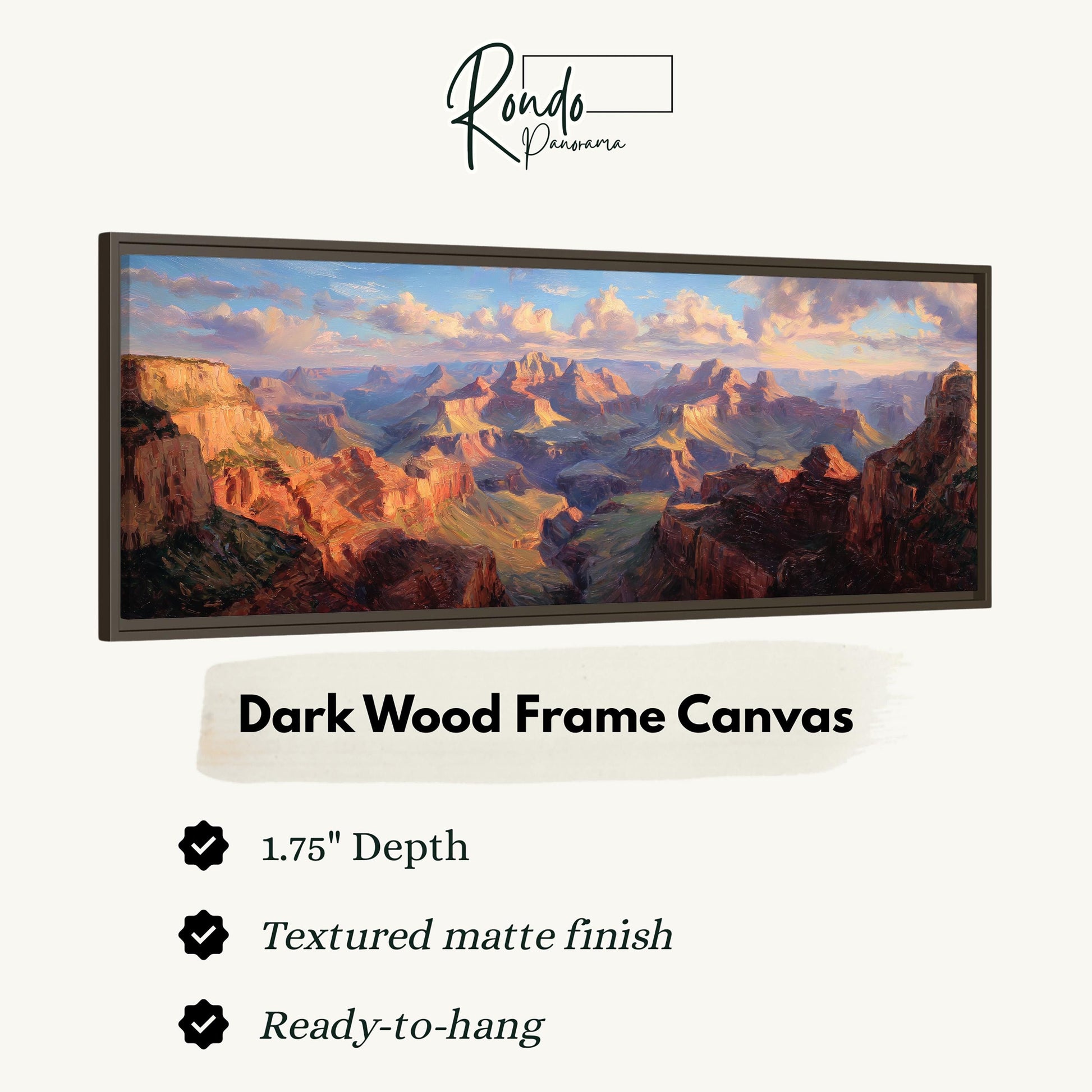 The image is a framed canvas depicting a scenic landscape with mountains and a valley.
