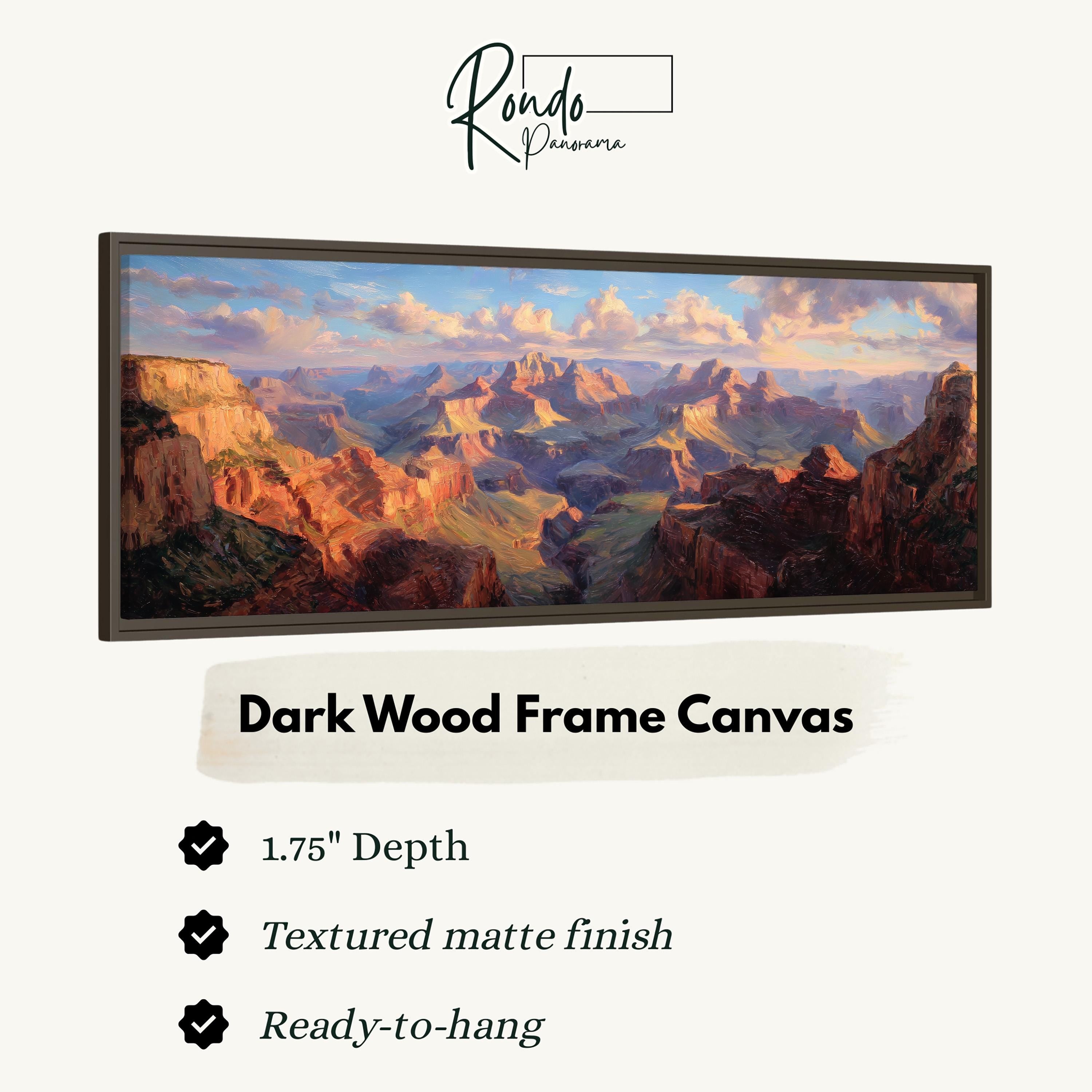 The image is a framed canvas depicting a scenic landscape with mountains and a valley.
