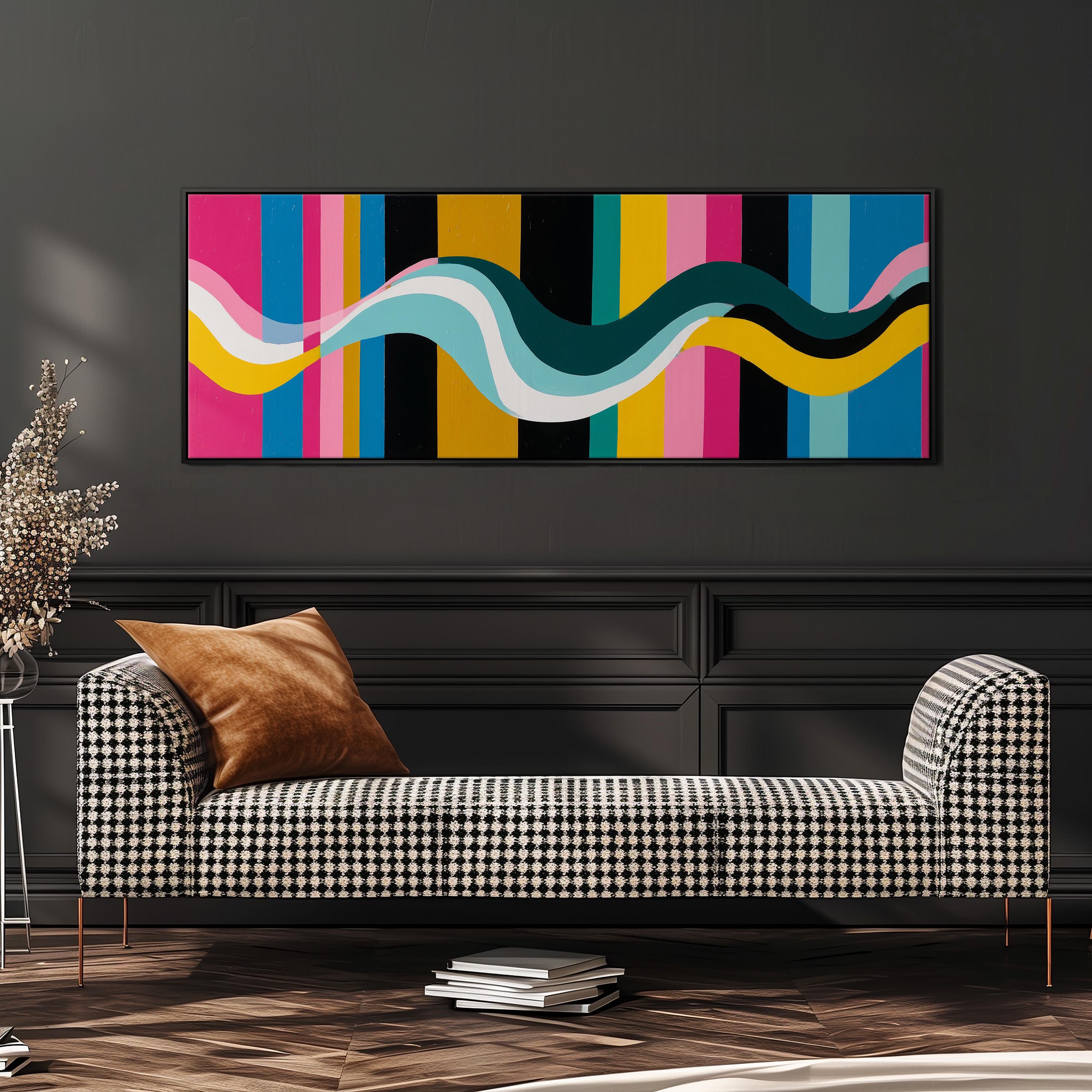 a modern living room with a checkered sofa, a stack of books, and a large abstract painting on the wall.