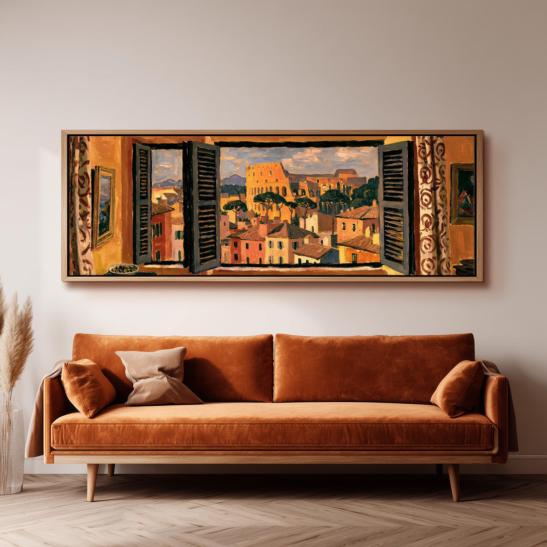 Rome and the Colosseum through a window long horizontal canvas print above a sofa in a living room