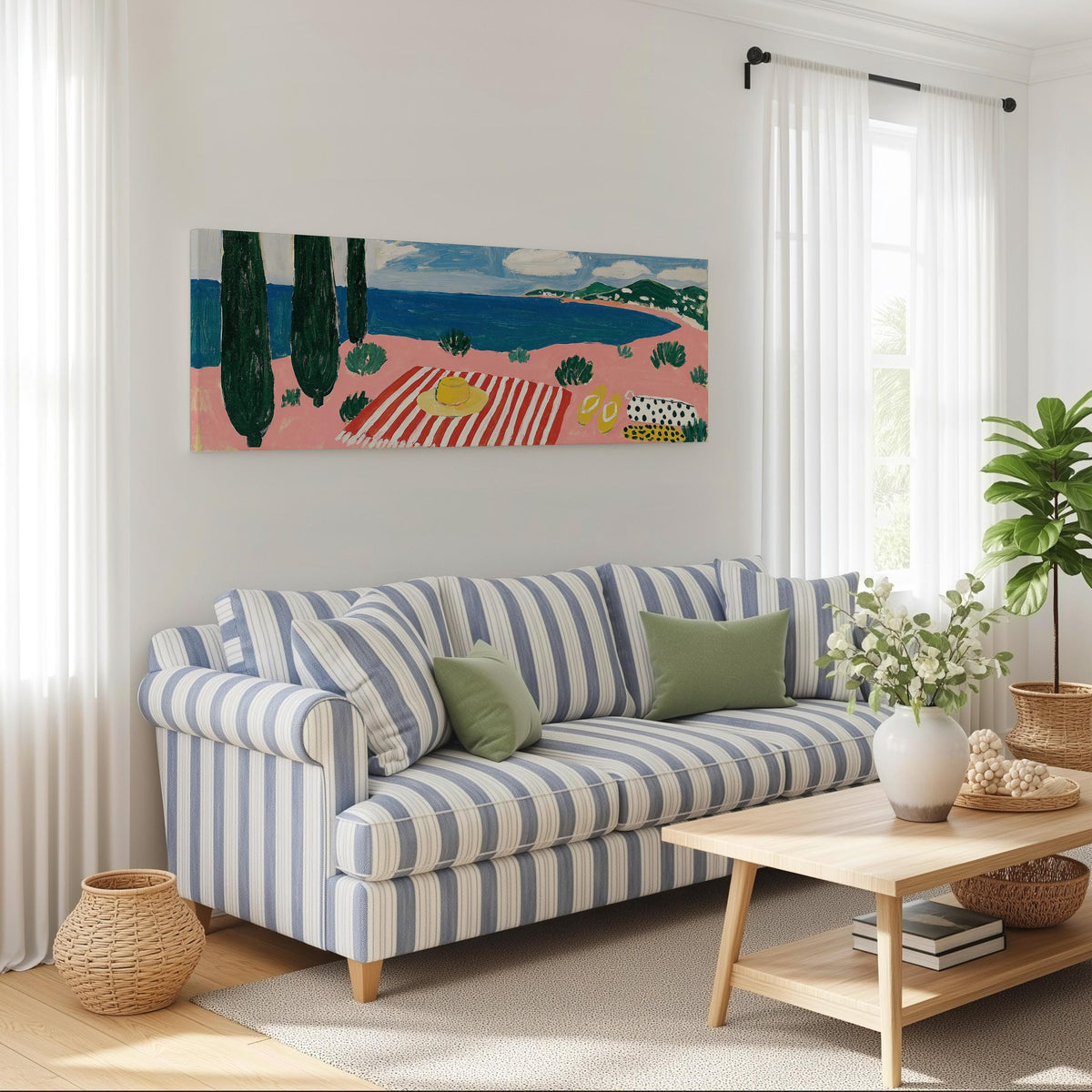 Mediterranean beach day with a striped towel long horizontal canvas print above a striped sofa in a coastal living room