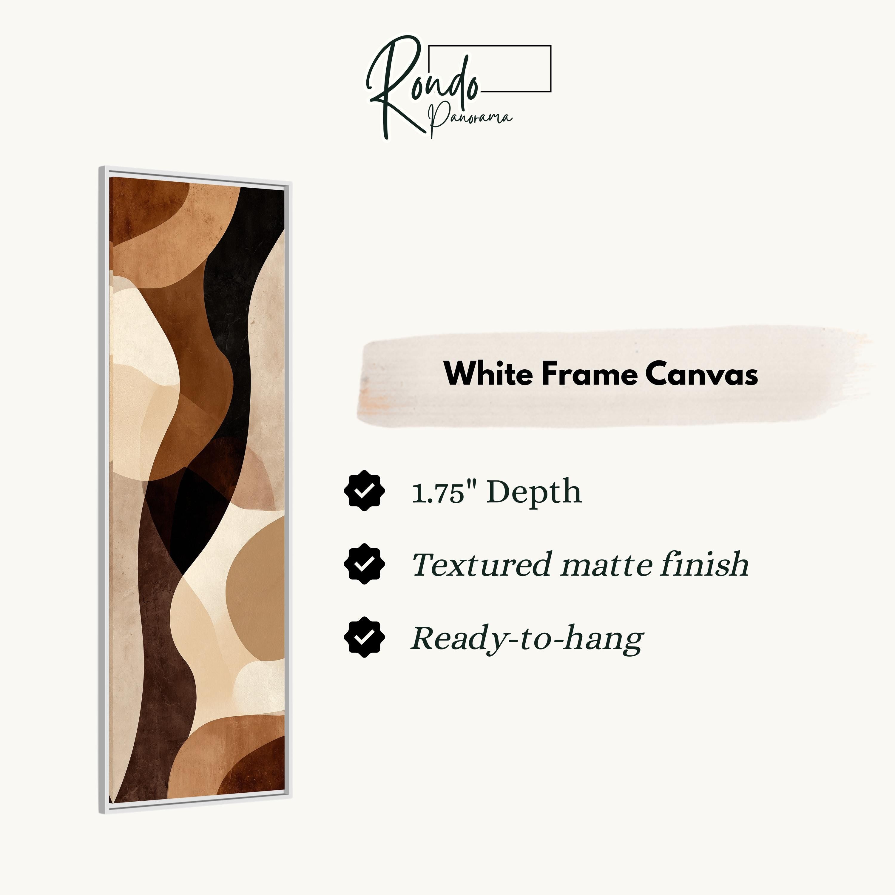 The image is a product description for a white frame canvas. It features a vertical abstract design with brown and beige colors, and it is described as having a 1.75" depth, a textured matte finish, and a ready-to-hang feature.