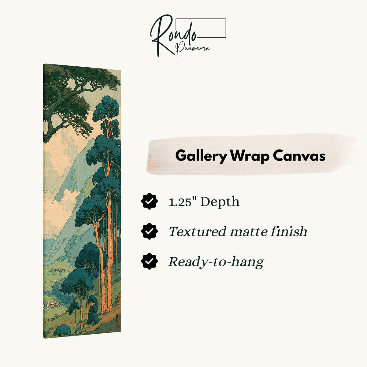 Pine trees above a misty valley in a woodblock style gallery wrap canvas with the image wrapped around the edges