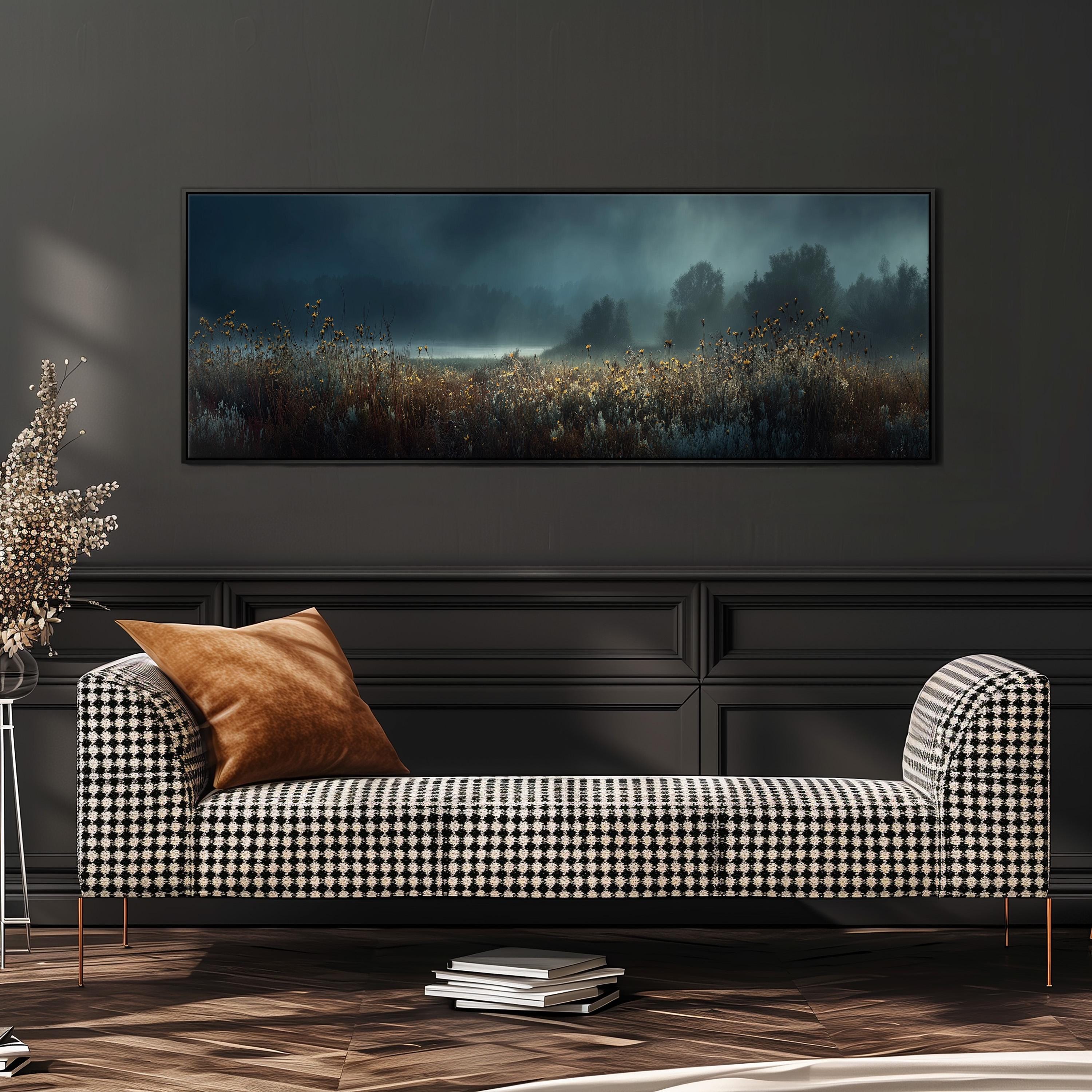 a large black and white checkered sofa with a brown throw pillow, positioned in front of a dark wall with a framed landscape painting hanging above it.
