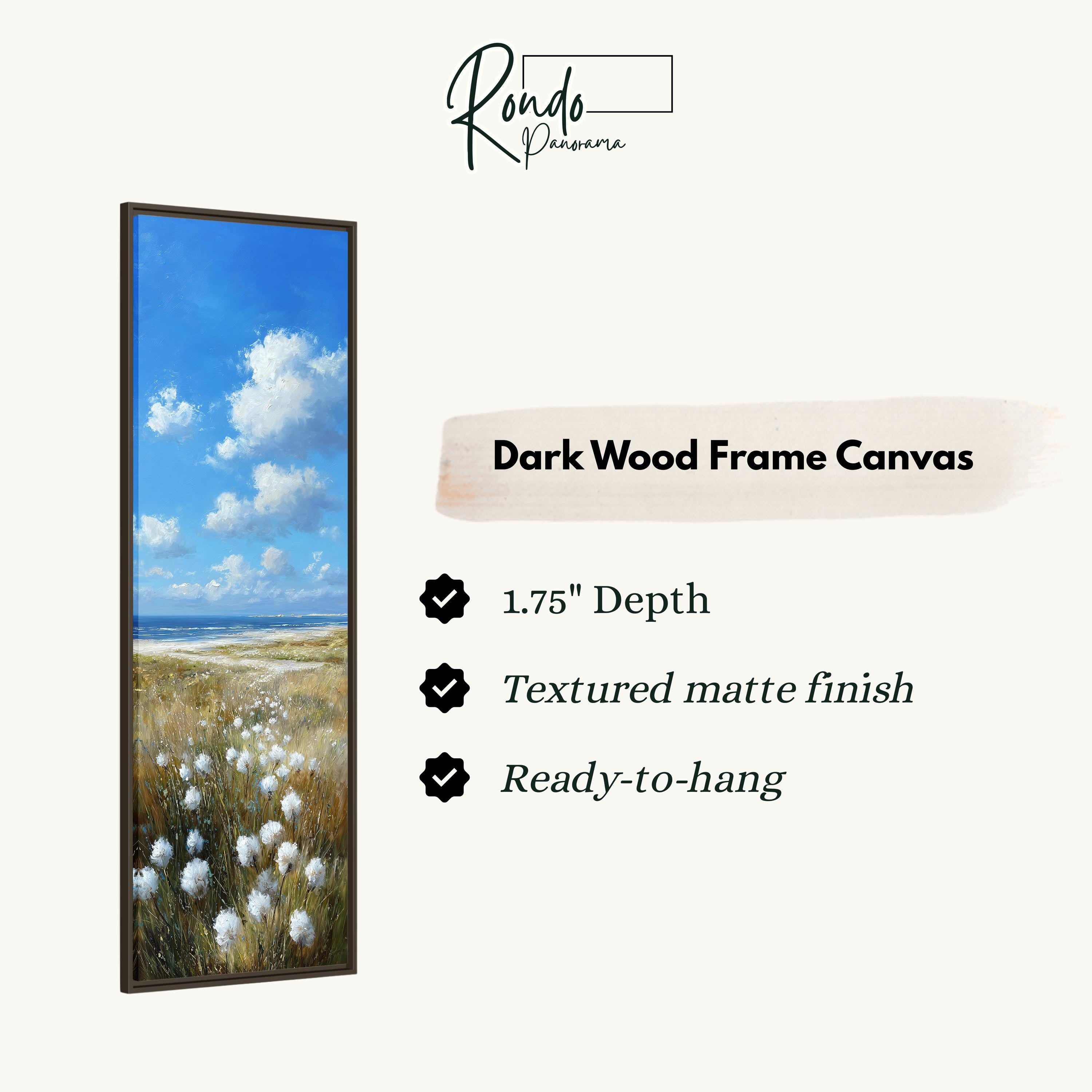 The image is a rectangular dark wood frame canvas depicting a field of white flowers against a blue sky with clouds.