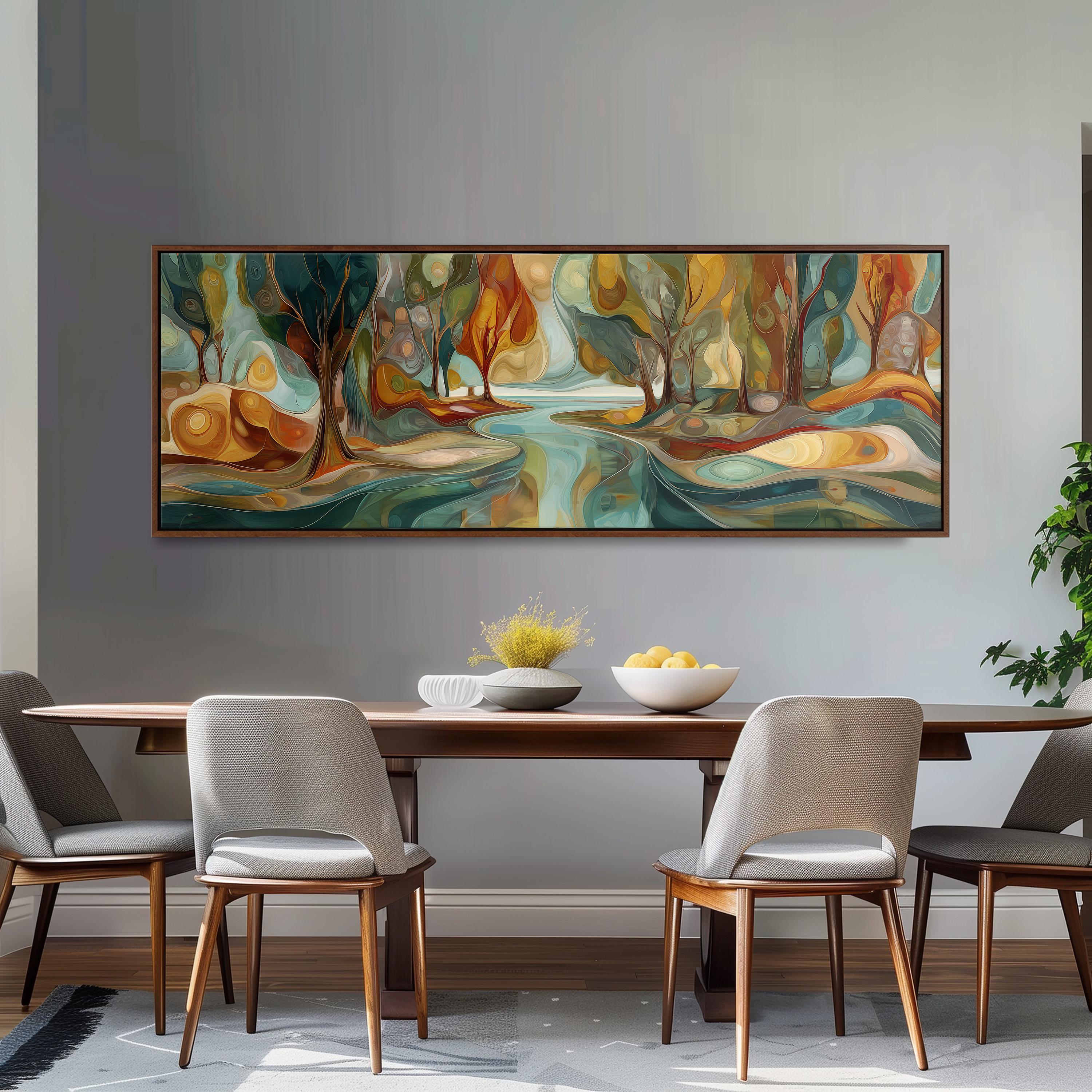 a large, colorful painting of a landscape hanging on a wall above a wooden dining table with four chairs. The painting depicts a serene, abstract scene with various shades of green, orange, and yellow.