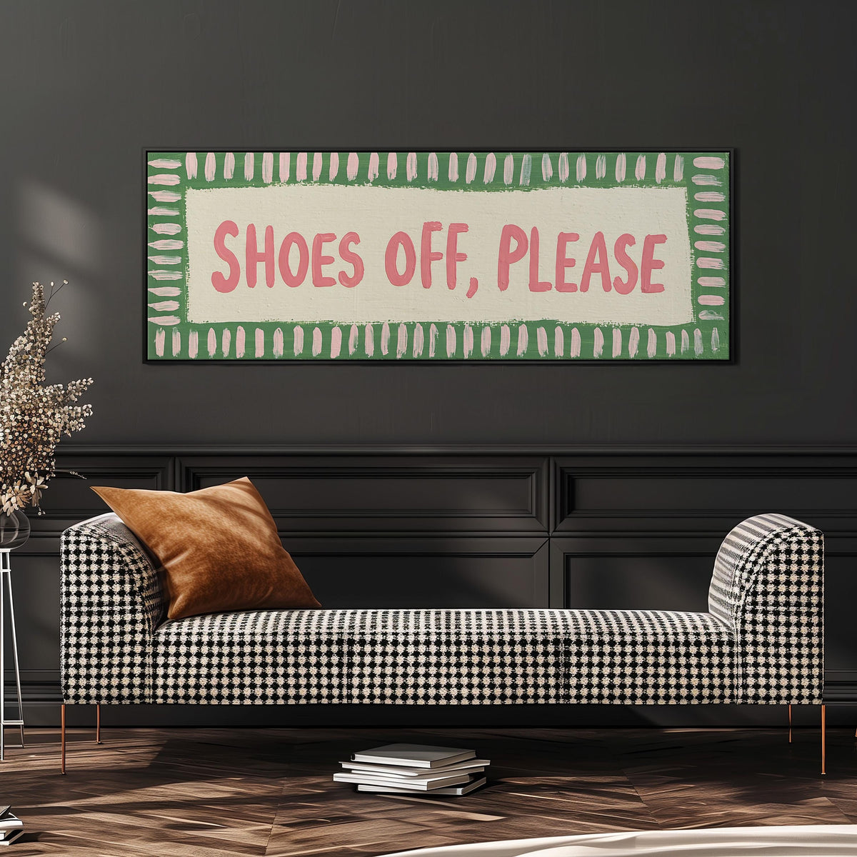 Shoes off, please sign long horizontal canvas print above a dining table