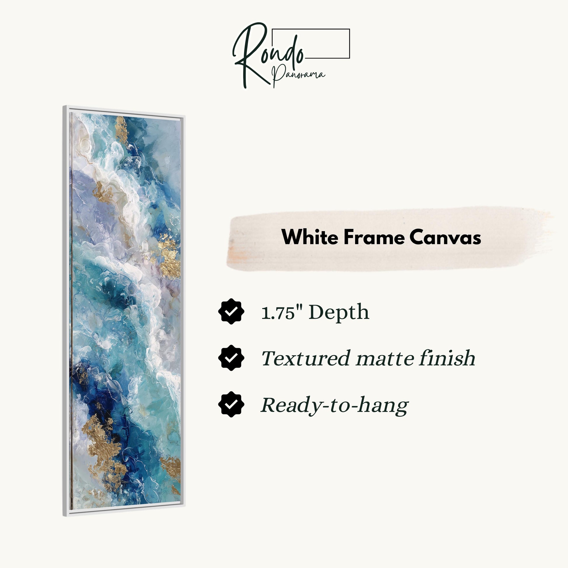 The image is a white frame canvas with a painting of blue and white waves. The painting is described as having a 1.75" depth and a textured matte finish. The canvas is ready to hang.