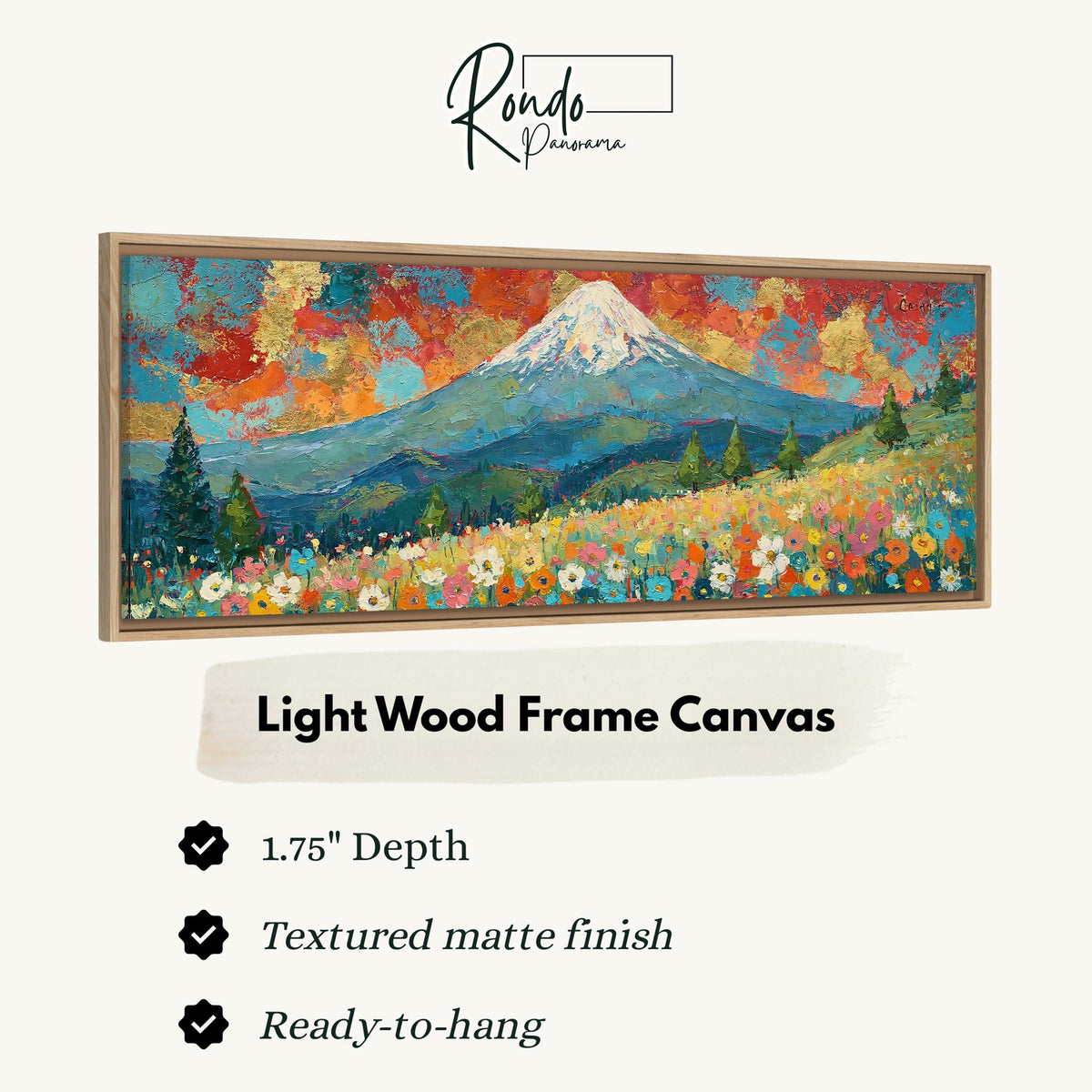 Mount Fuji under a red and gold sunset sky canvas print in a light wood floating frame