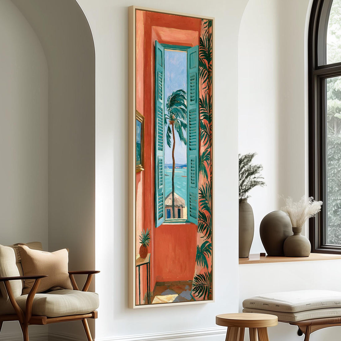 Palm tree and beach through a tall coral room window long vertical canvas print in a sunlit living space