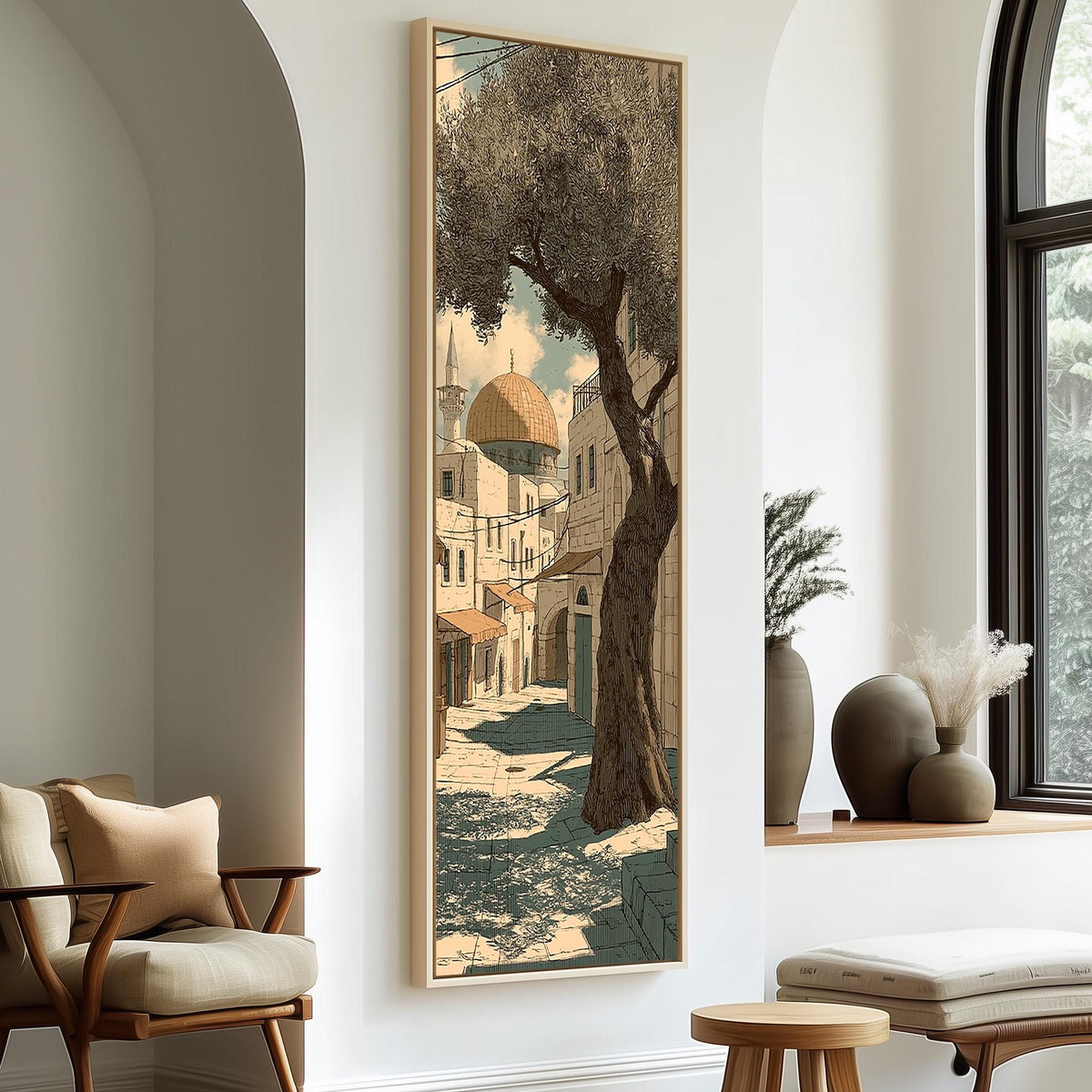 Jerusalem old city street with an olive tree tall skinny canvas print in a sunlit living space