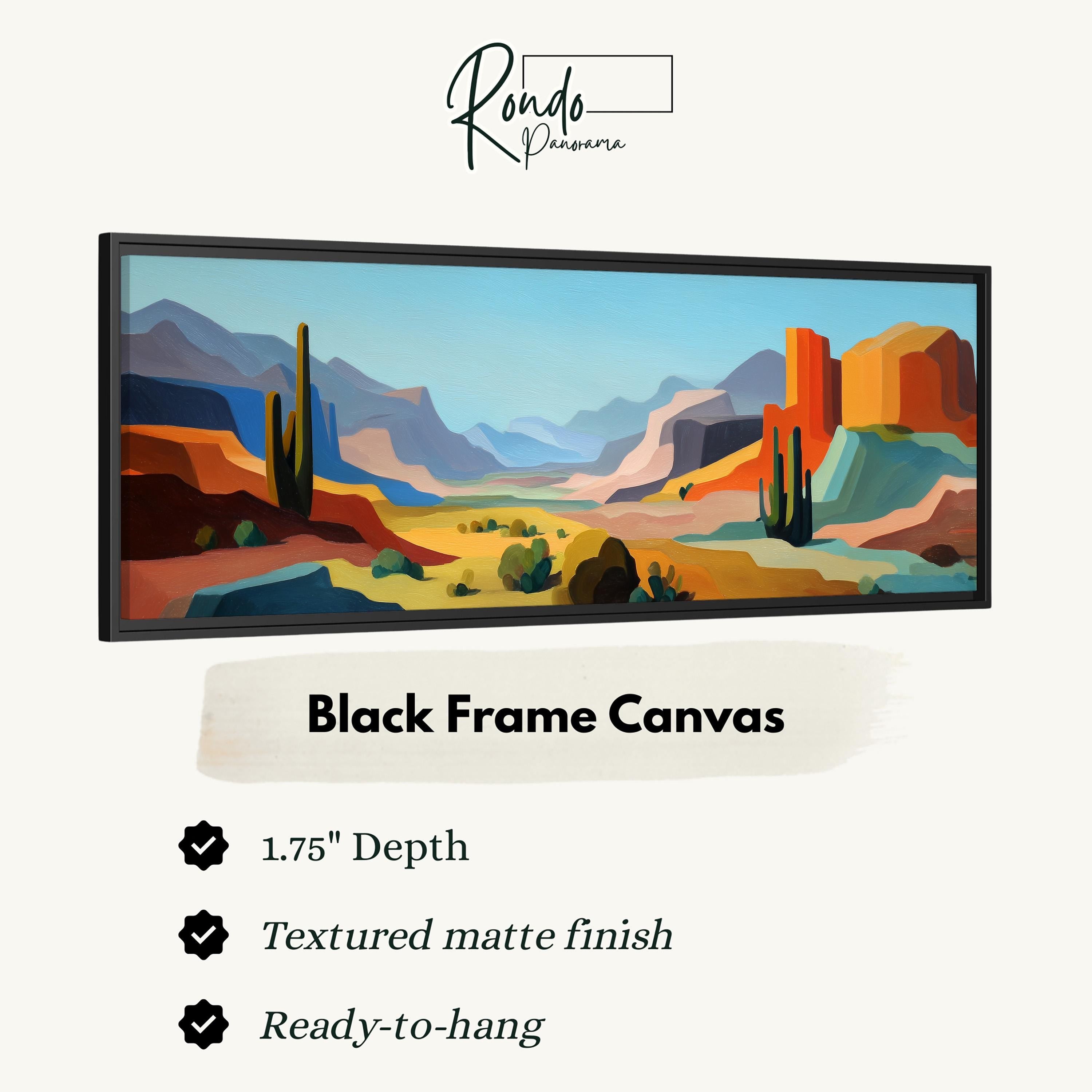 The image is a black frame canvas depicting a desert landscape with mountains, cacti, and a blue sky.
