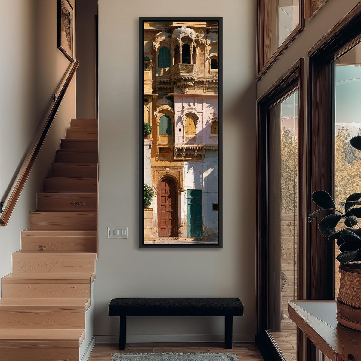 Ornate sandstone palace facade with colorful doors tall narrow canvas print beside a staircase in an entryway