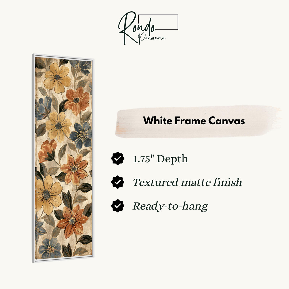 Gold and blue floral pattern canvas print in a white floating frame
