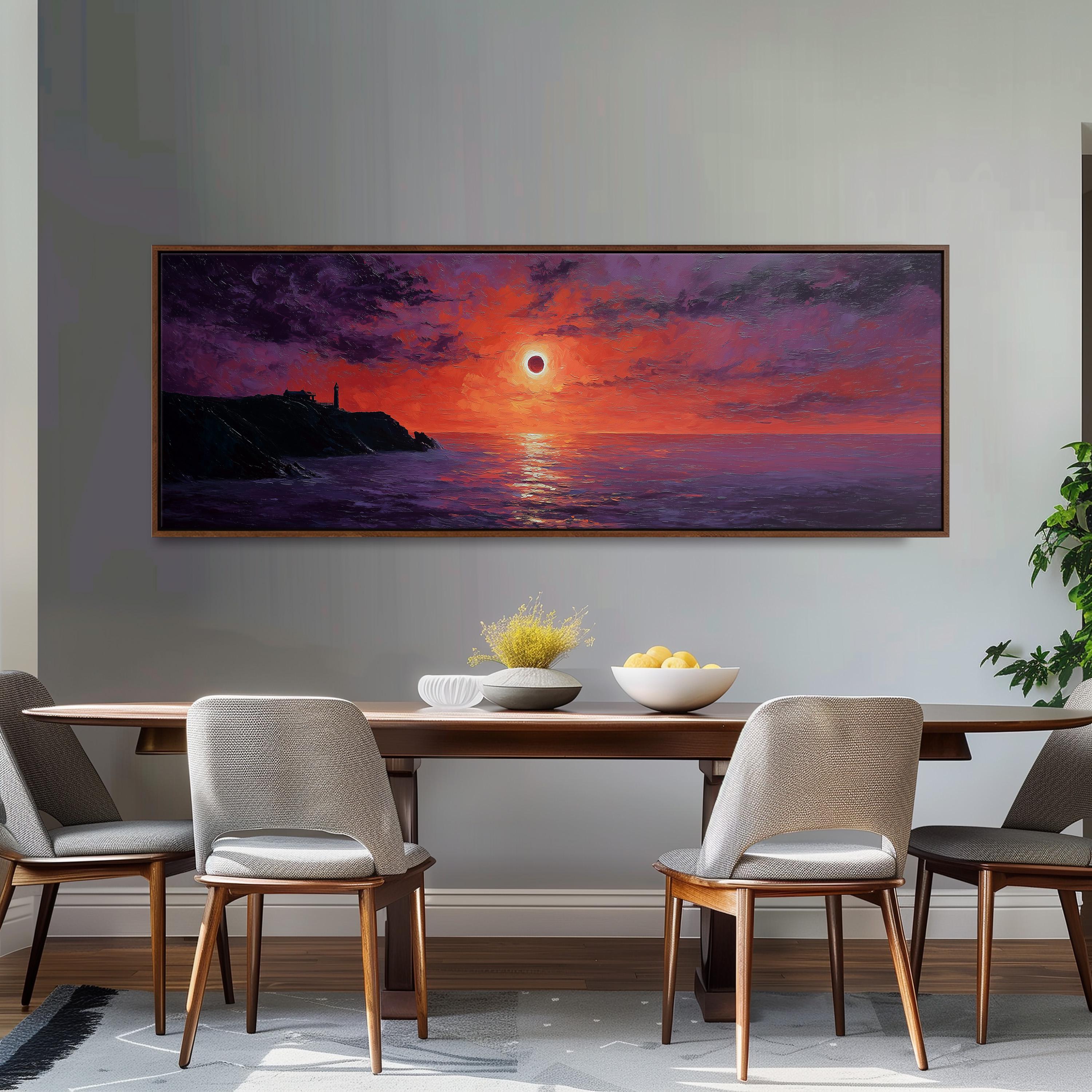 a large painting of a sunset over the ocean, with a total of four chairs surrounding a wooden dining table. The painting is hung on a wall above the table, creating a focal point in the room.