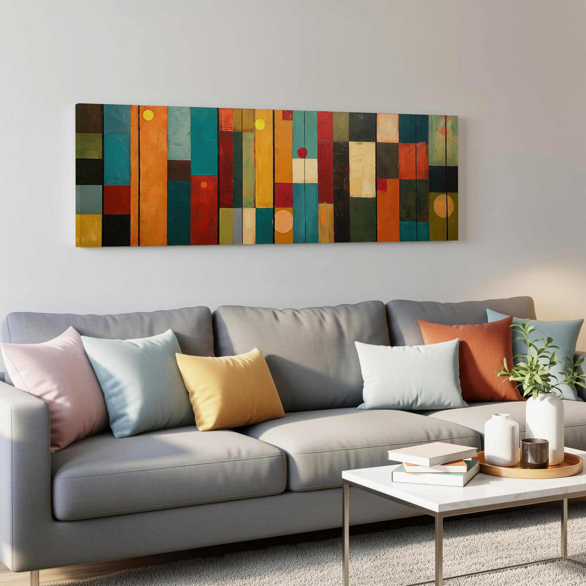 Color block panels with dots panoramic canvas print above a grey sofa in a living room