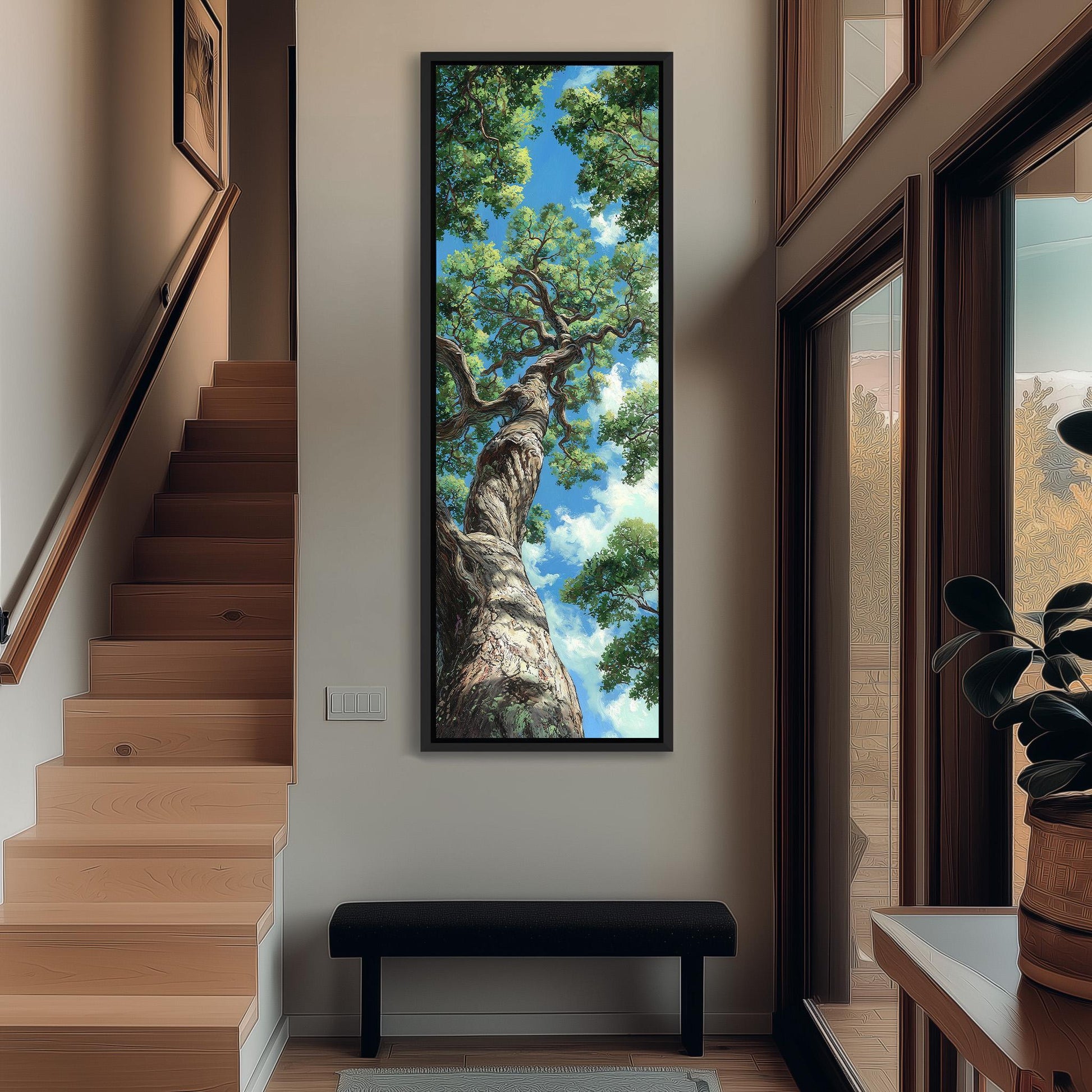 a large, framed painting of a tree with a blue sky and green leaves hanging on the wall of a hallway.