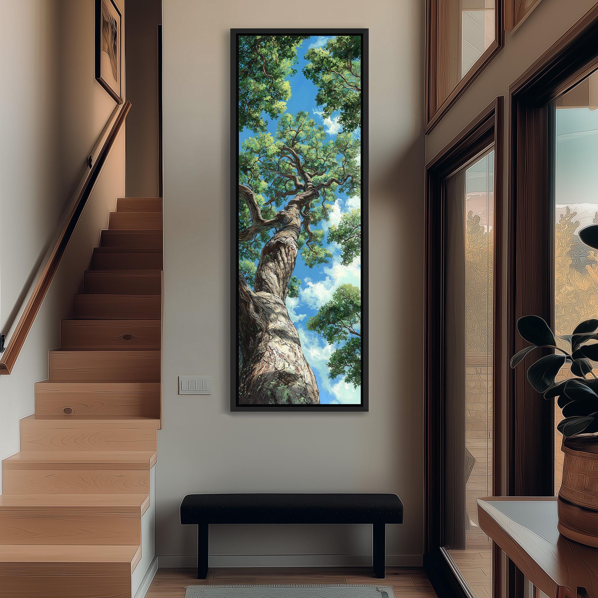a large, framed painting of a tree with a blue sky and green leaves hanging on the wall of a hallway.