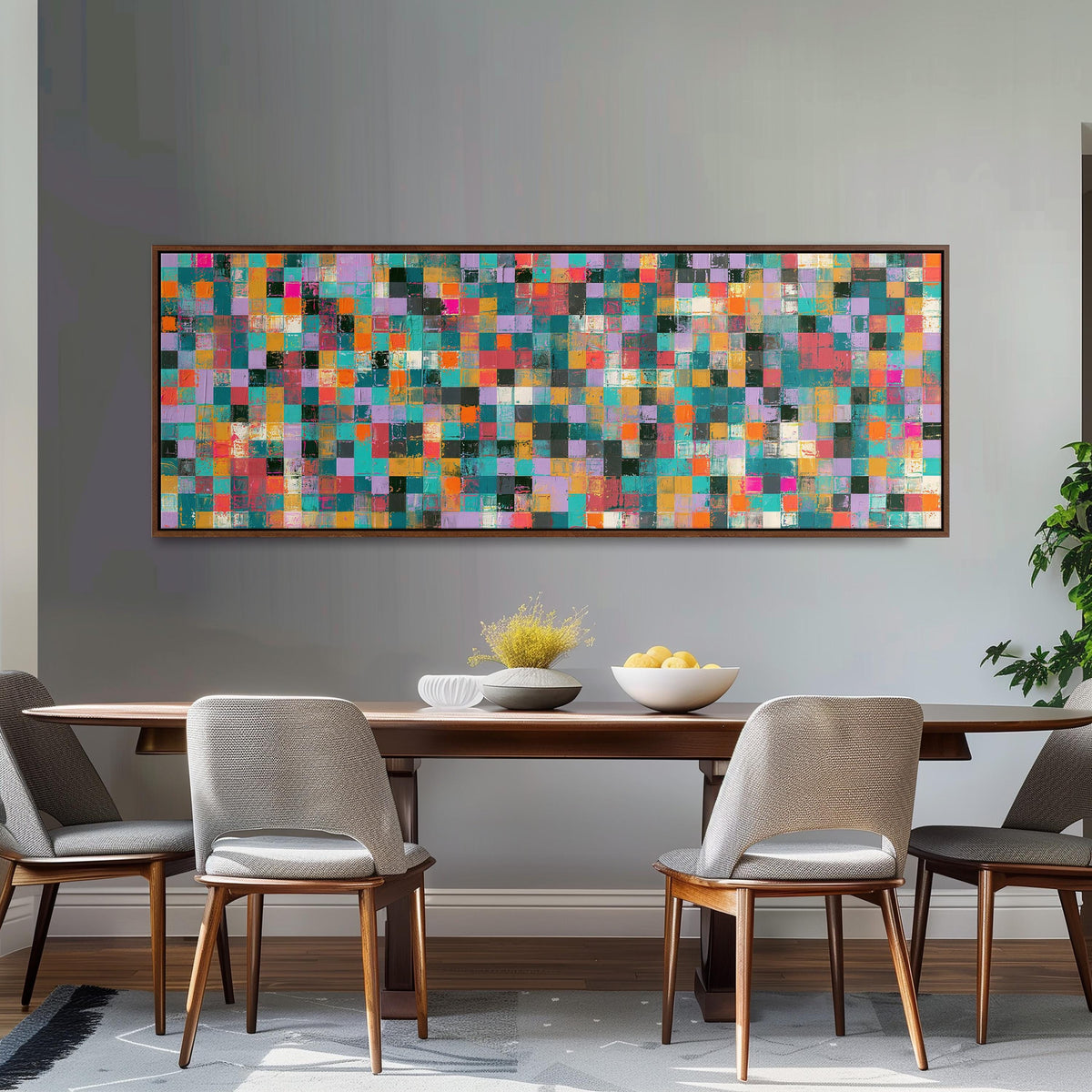 Jewel tone checker mosaic long horizontal canvas print above a dining table