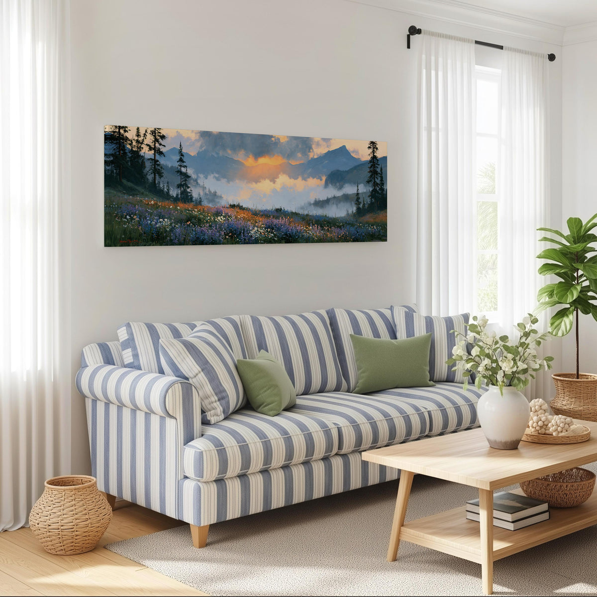 Alpine wildflower meadow at sunset long horizontal canvas print above a striped sofa in a coastal living room