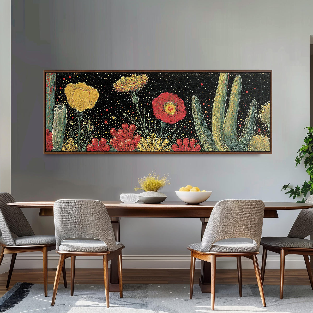 Desert blooms and cacti on black long horizontal canvas print above a dining table
