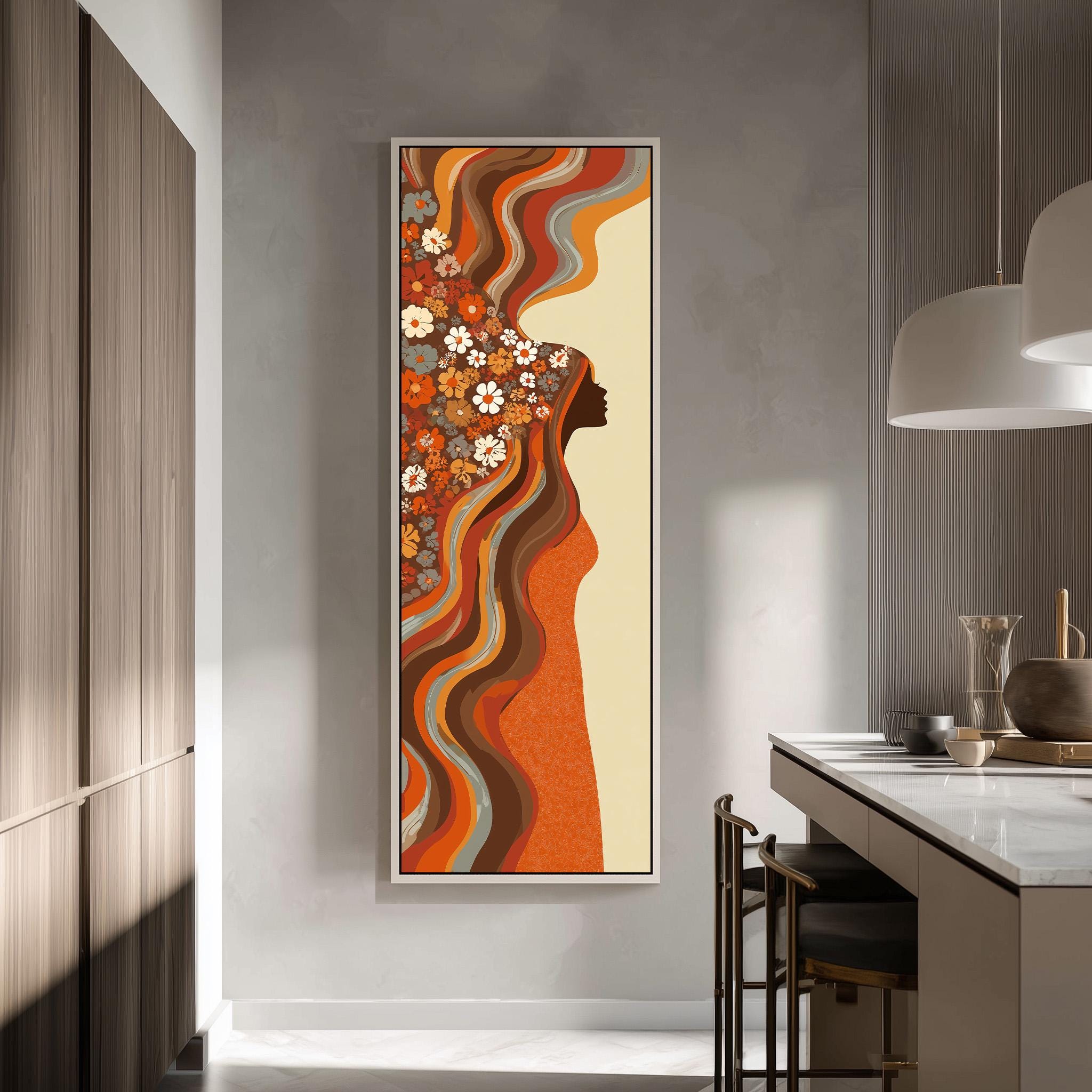 a large, colorful abstract painting hanging on a wall in a modern kitchen.