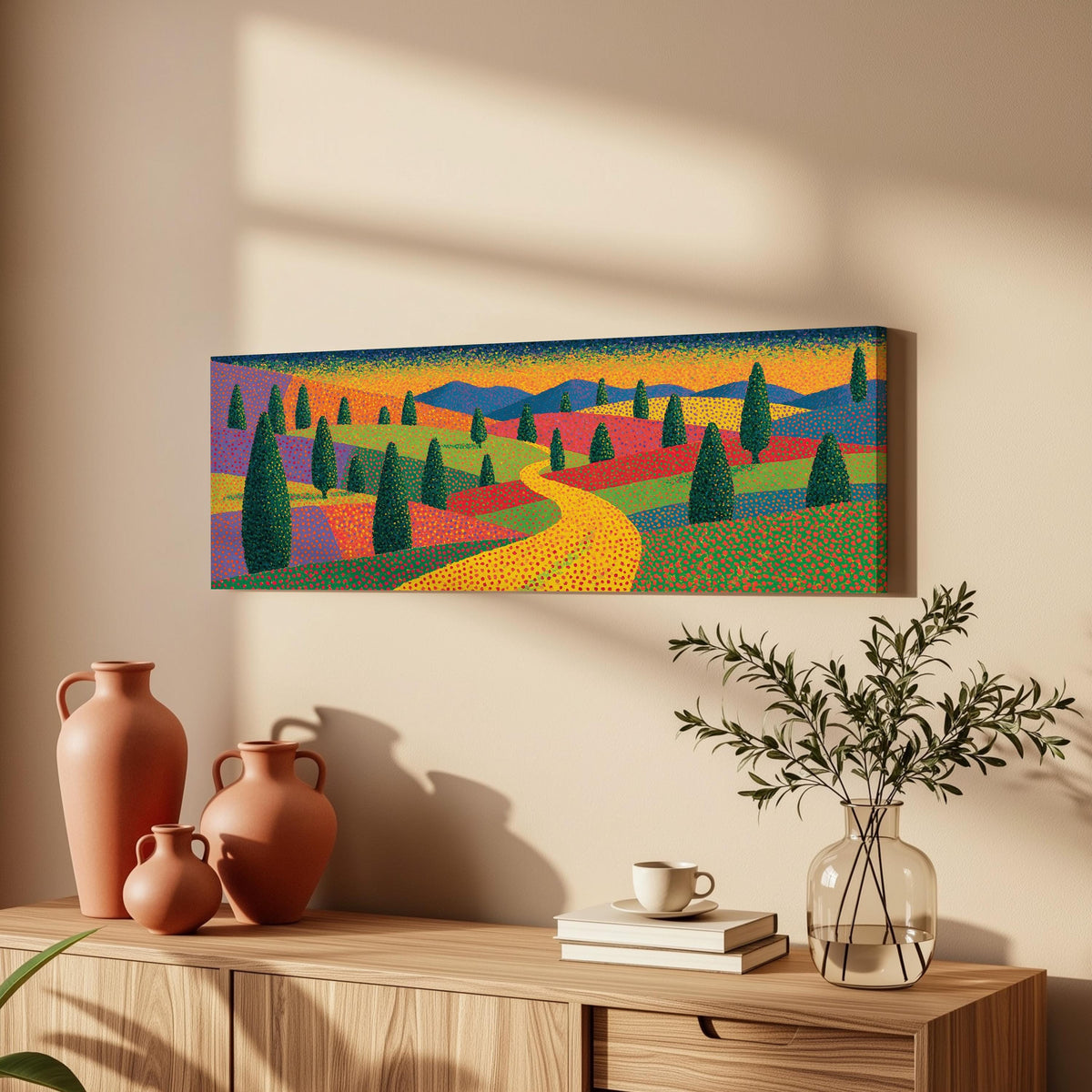 Cypress valley with a winding road long horizontal canvas print above a wooden sideboard