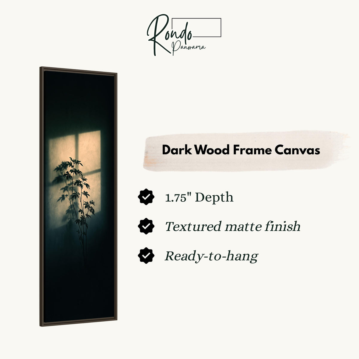 Plant silhouette in a beam of window light canvas print in a dark wood floating frame