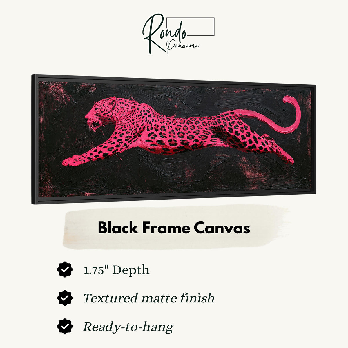 Pink leaping leopard canvas print in a black floating frame