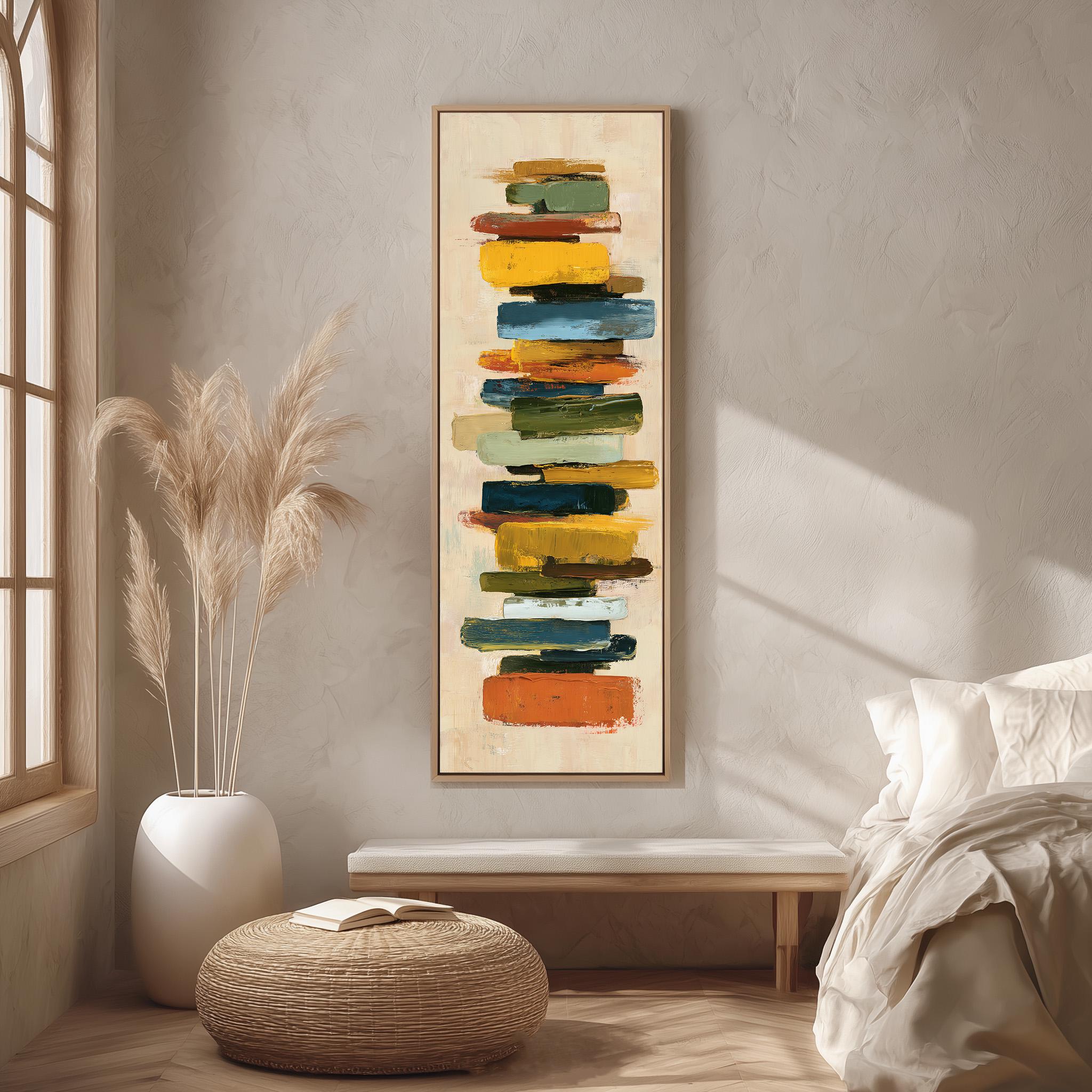 a modern art piece hanging on a wall, depicting a stack of colorful blocks in various shades of green, yellow, and orange. The room has a minimalist and clean design, with a bed, a white ottoman, and a potted plant adding to the decor.