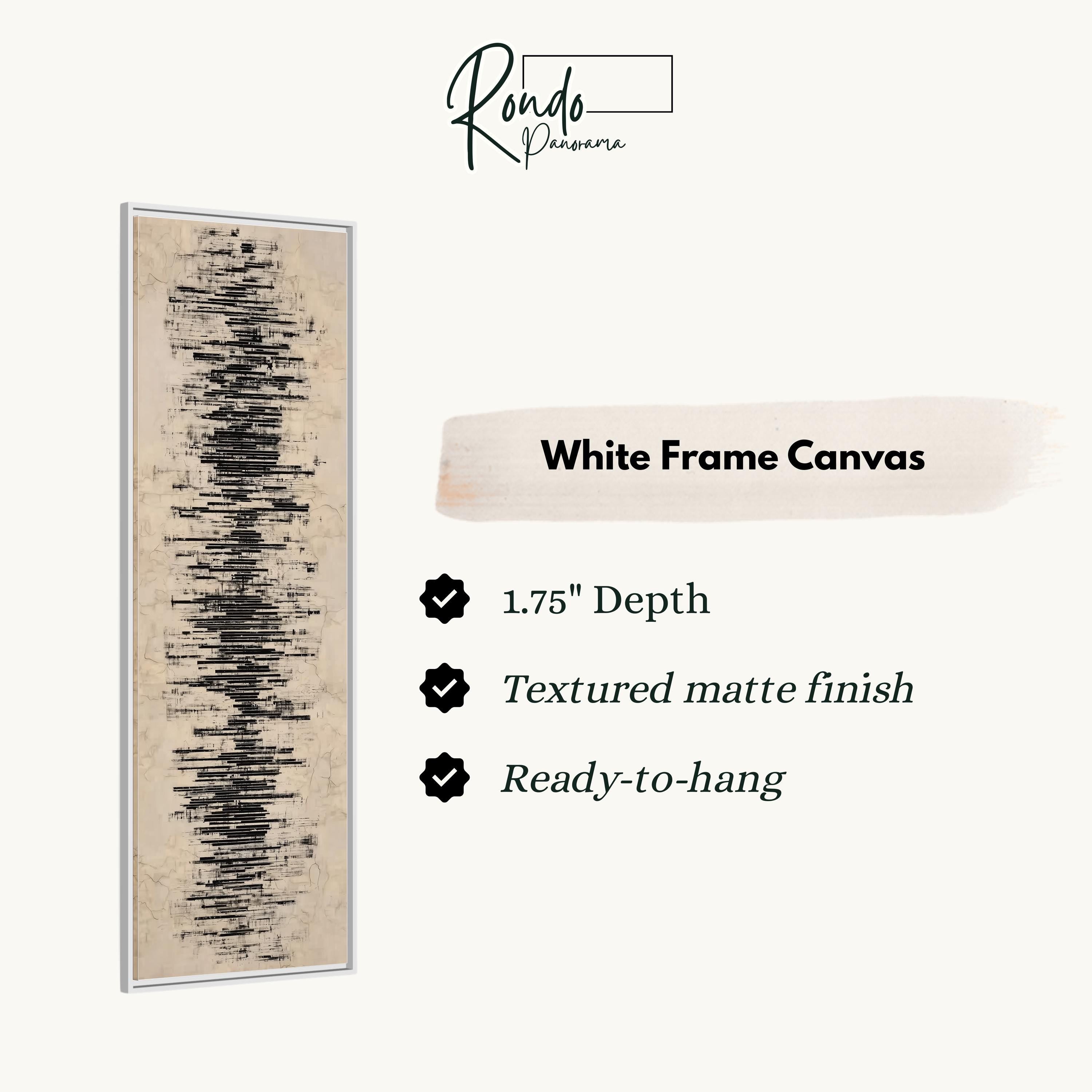 The image is a product description for a white frame canvas. It features a vertical line with a textured finish and a textured matte finish. The canvas is described as having a 1.75" depth and is ready to hang.