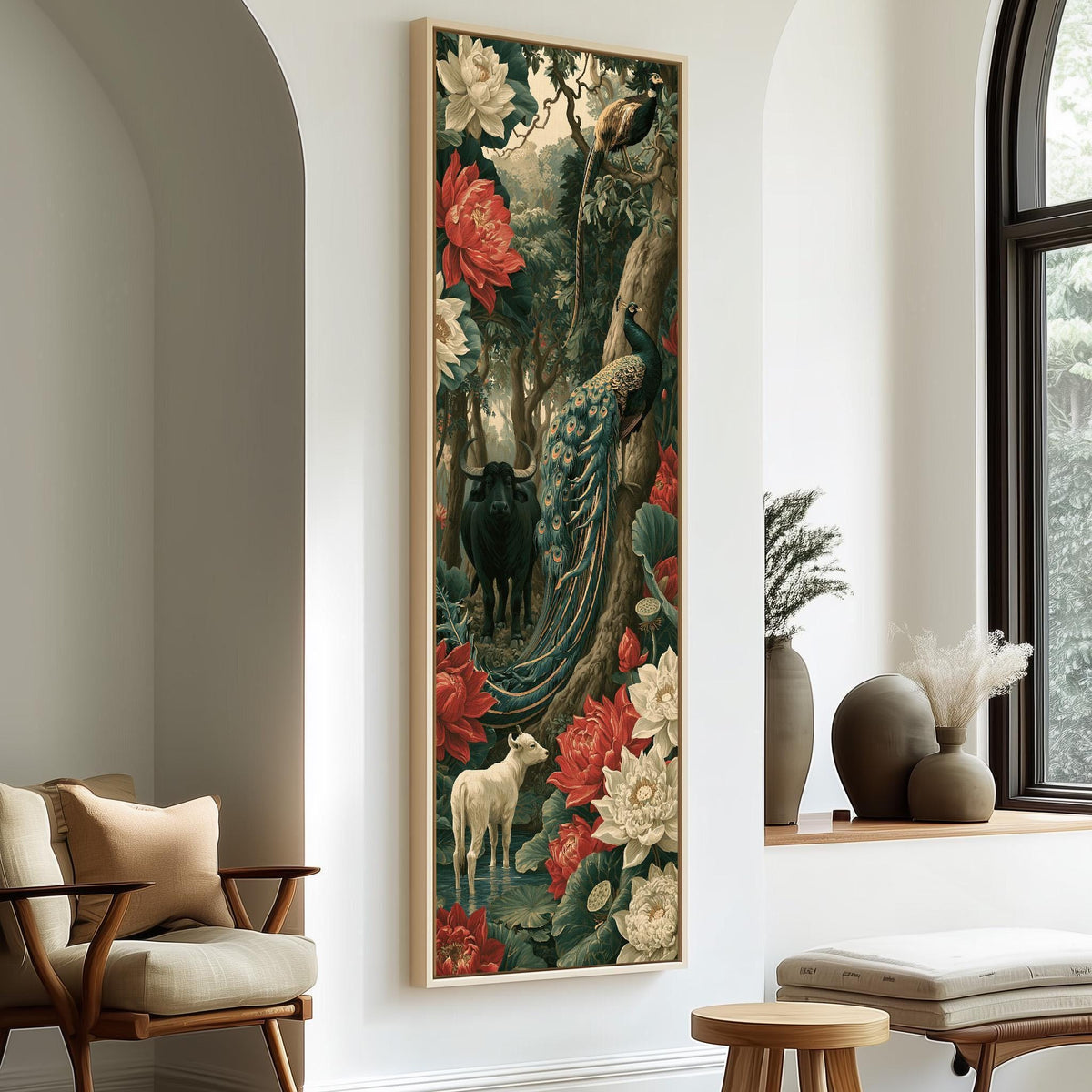 Peacock and animals in a lush jungle of lilies long vertical canvas print in a sunlit living space