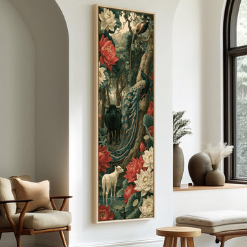Peacock and animals in a lush jungle of lilies long vertical canvas print in a sunlit living space