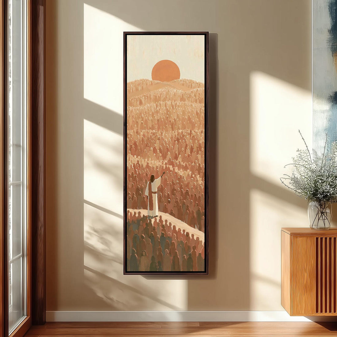 Jesus facing a crowd under a desert sunset long vertical canvas print in a sunlit living space