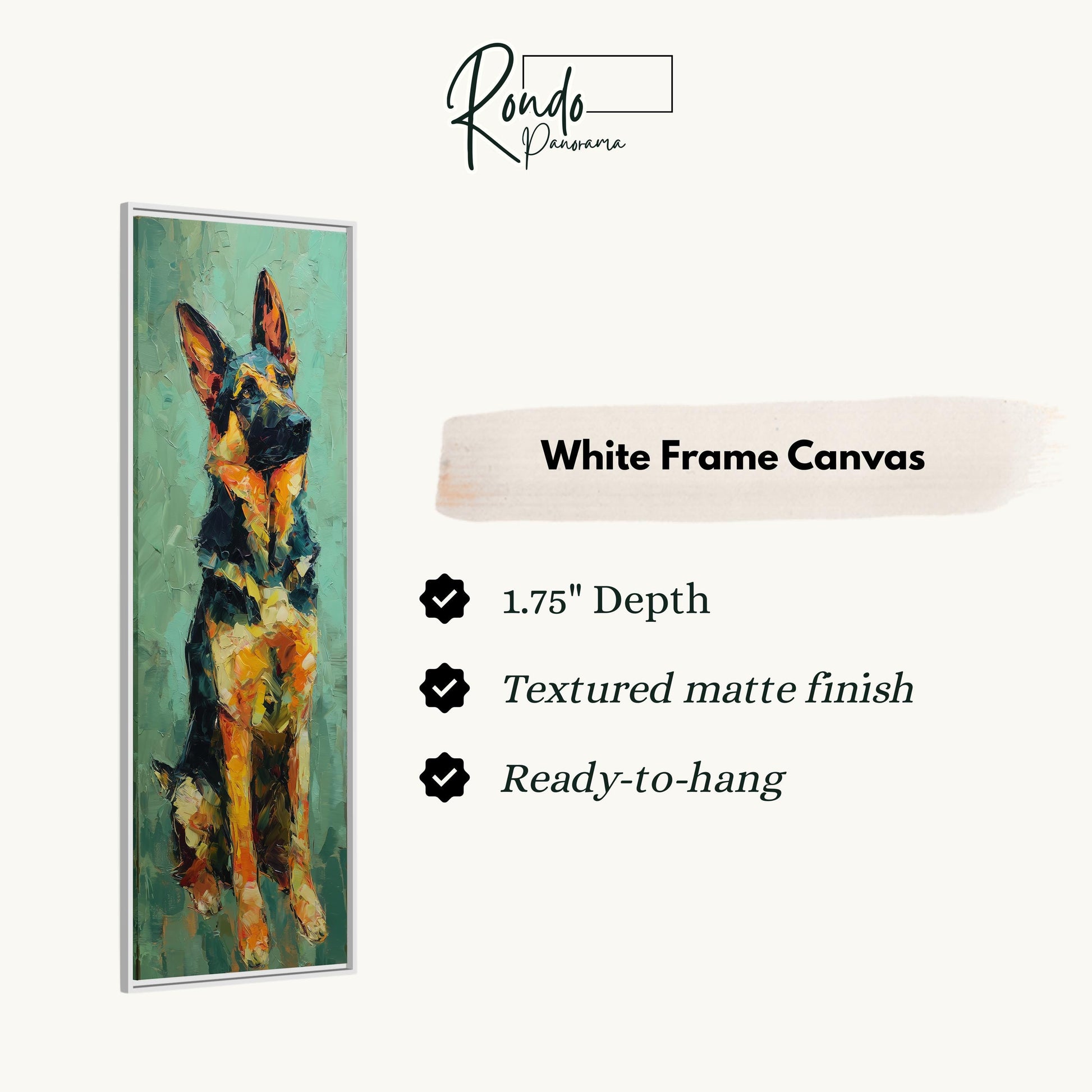 The image is a white frame canvas featuring a painting of a German Shepherd dog.