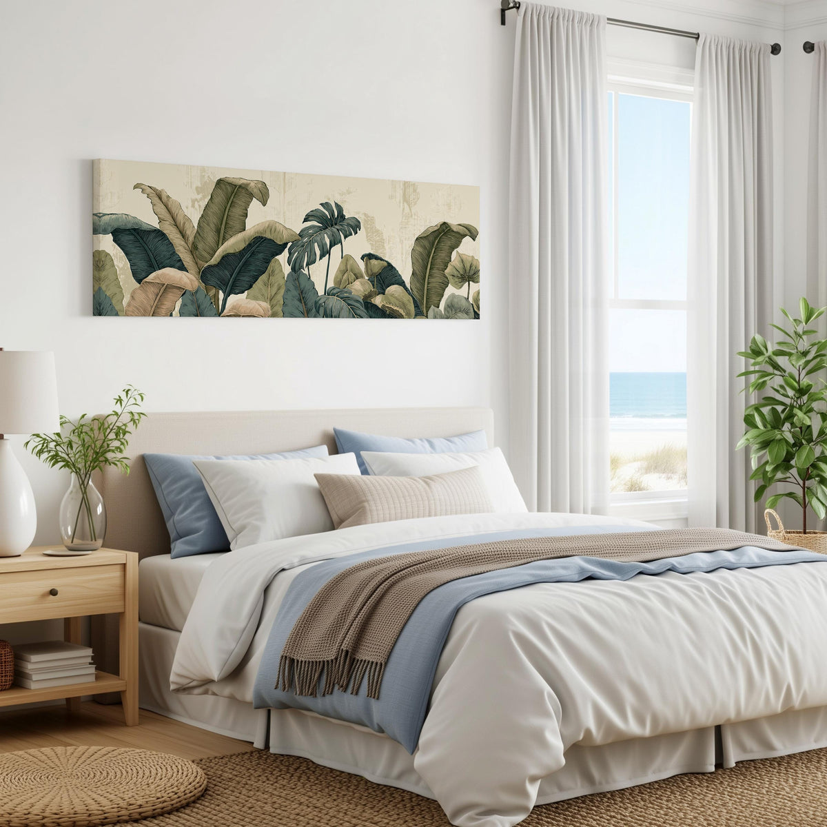 Vintage tropical leaves panoramic canvas print above a bed in a coastal bedroom