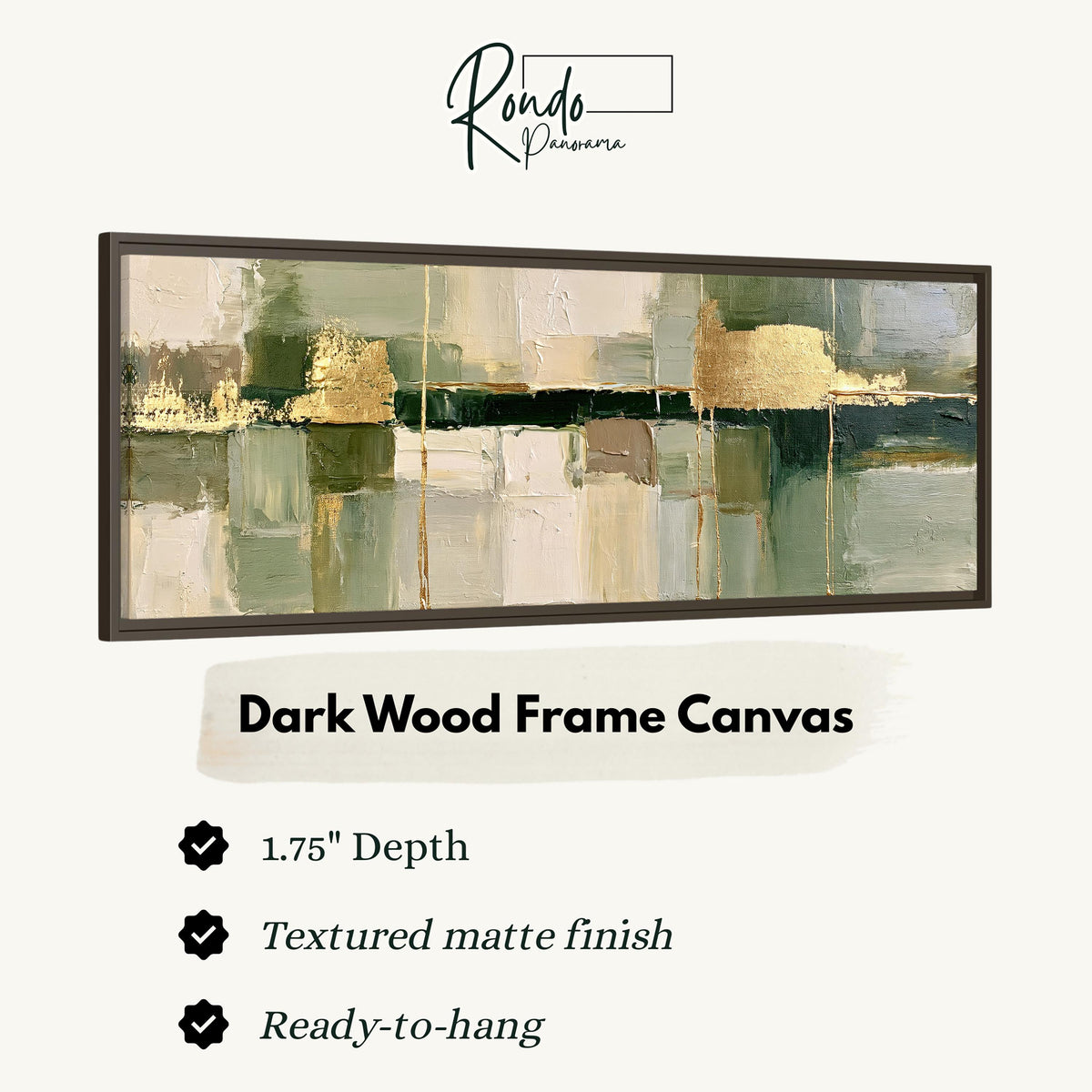 Sage and gold leaf abstract canvas print in a dark wood floating frame