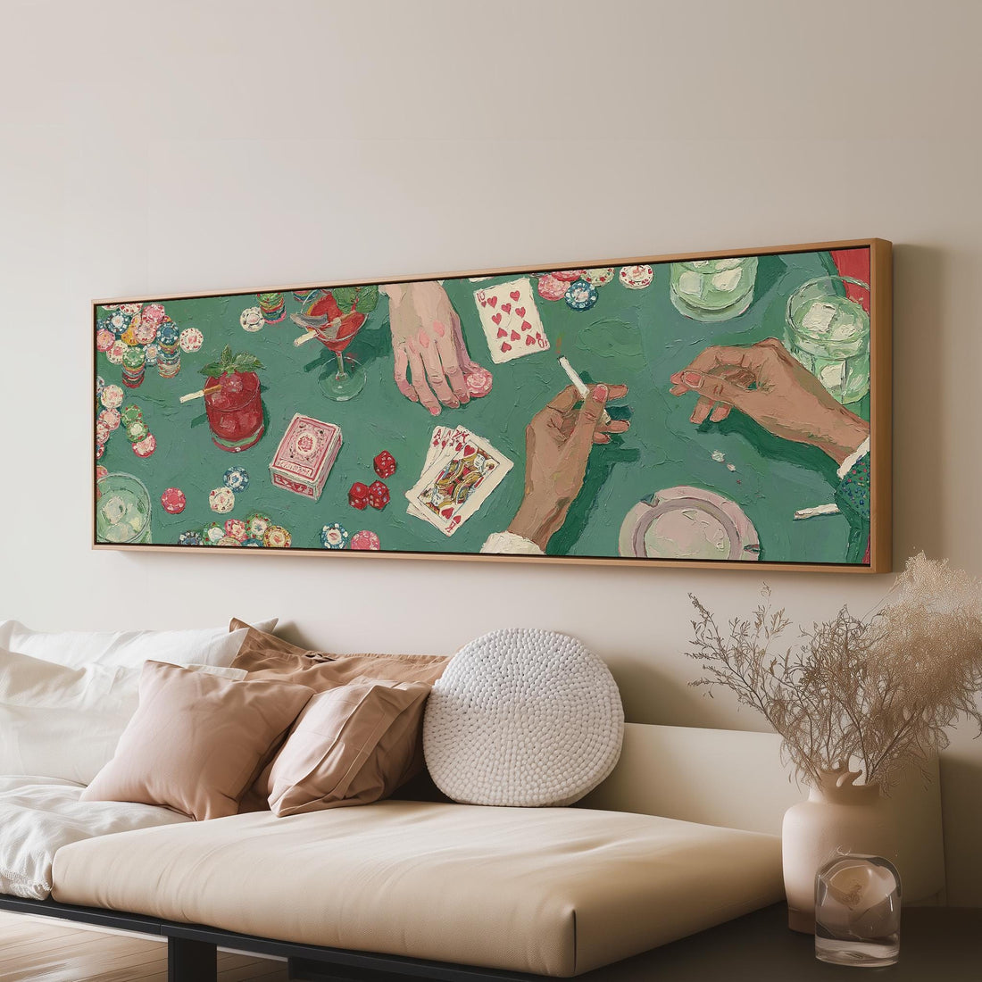 Vintage card game on green felt long horizontal canvas print above a sofa in a living room