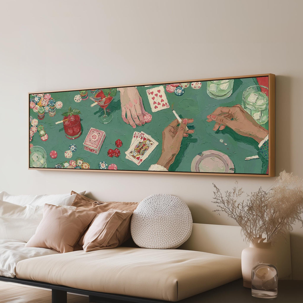 Vintage card game on green felt panoramic canvas print above a sofa in a living room