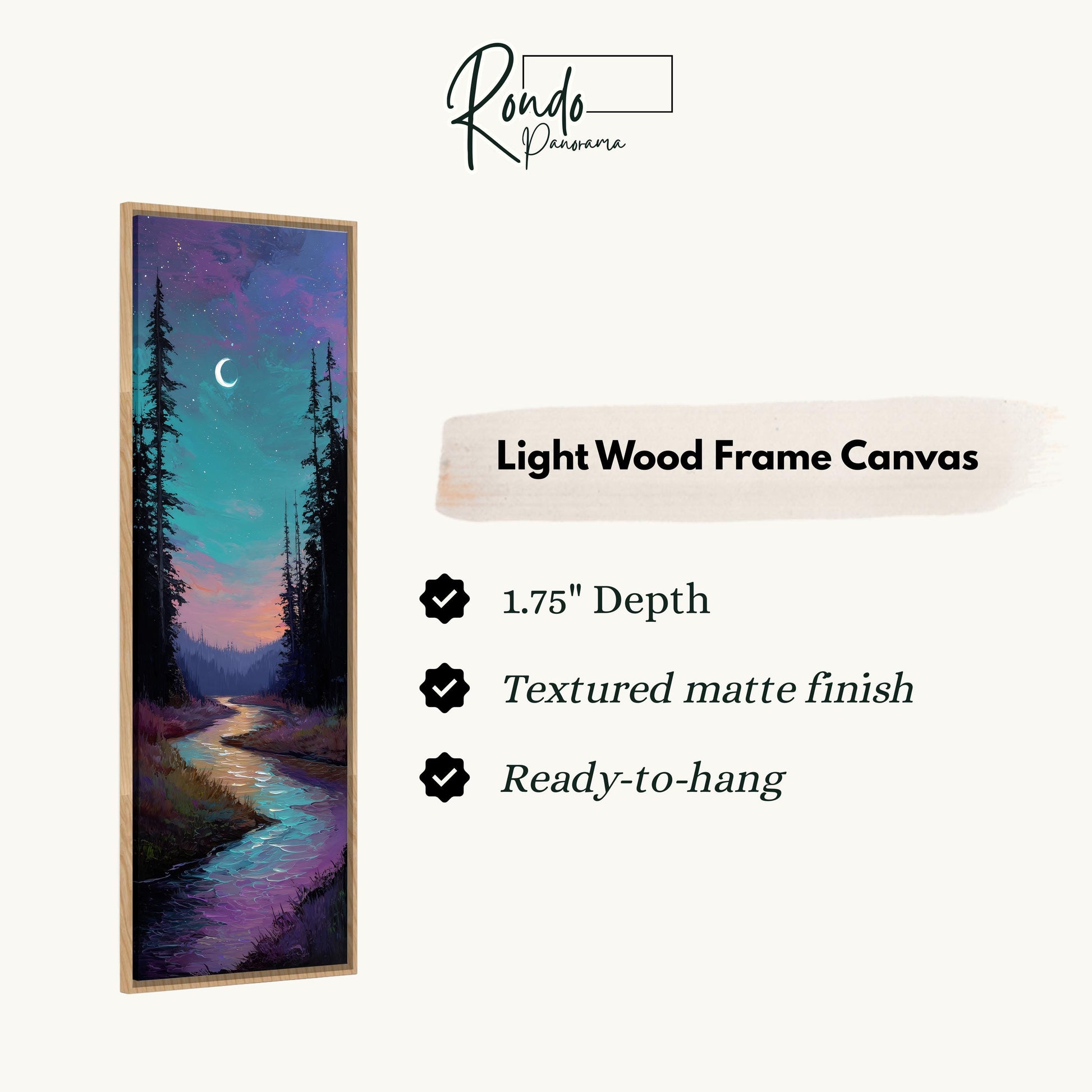 The image is a light wood frame canvas depicting a serene landscape with a river, trees, and a crescent moon in the night sky.