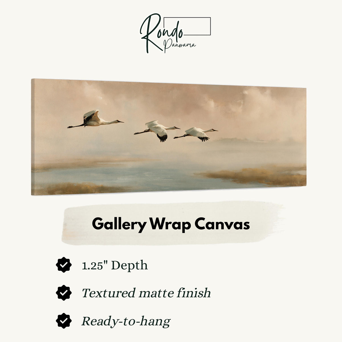 Cranes flying over a calm shore at dusk gallery wrap canvas with the image wrapped around the edges