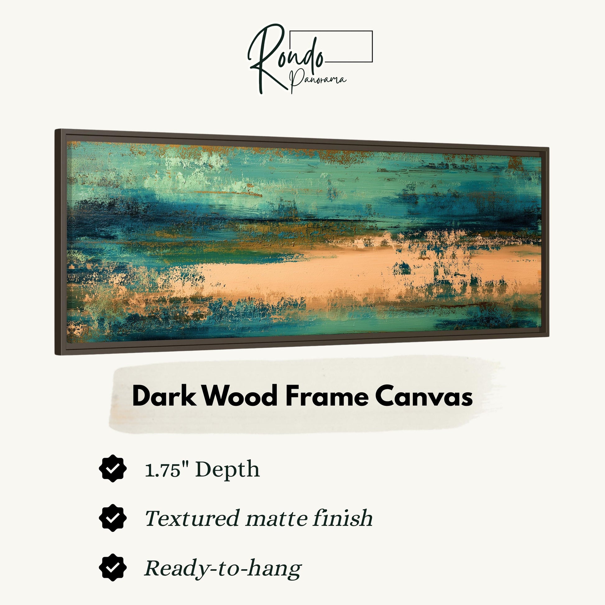 The image is a framed artwork depicting a landscape with a dark wood frame. The artwork has a 1.75" depth and is textured with a matte finish. It is ready to hang and is described as a "Dark Wood Frame Canvas".